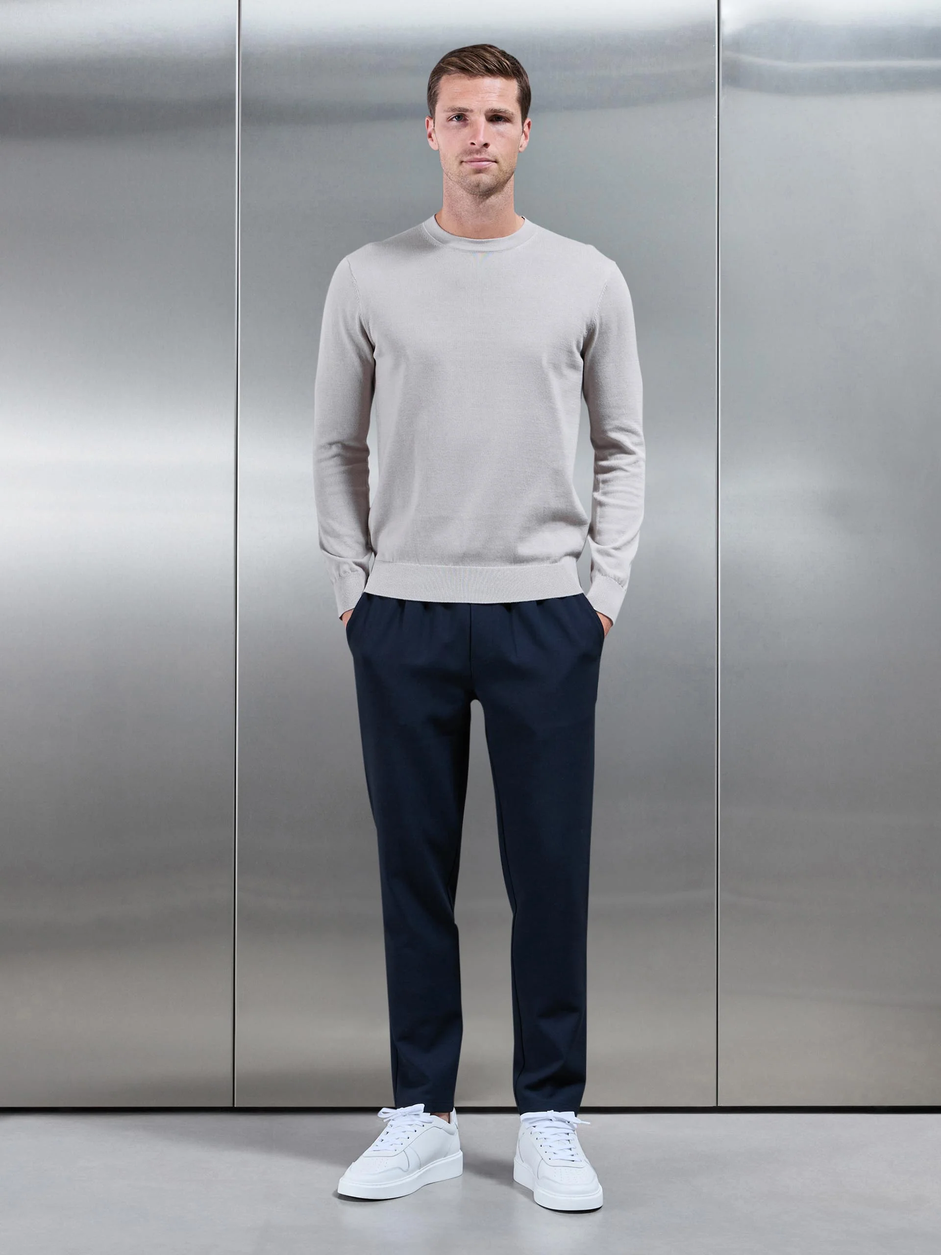Cotton Knitted Crew Neck Sweatshirt in Stone - Image 2