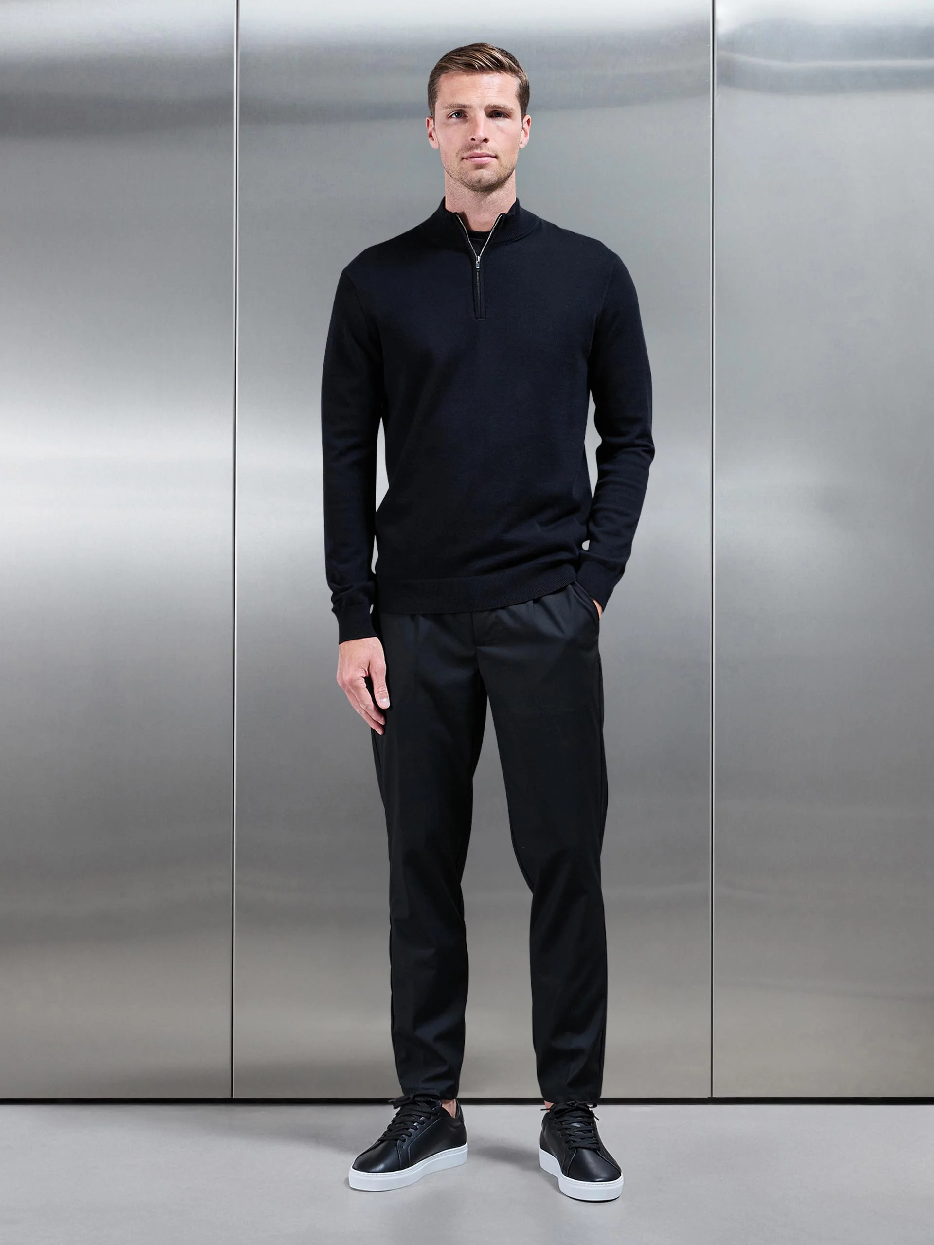 Cotton Knitted Half Zip Funnel Neck Jumper in Black - Image 2