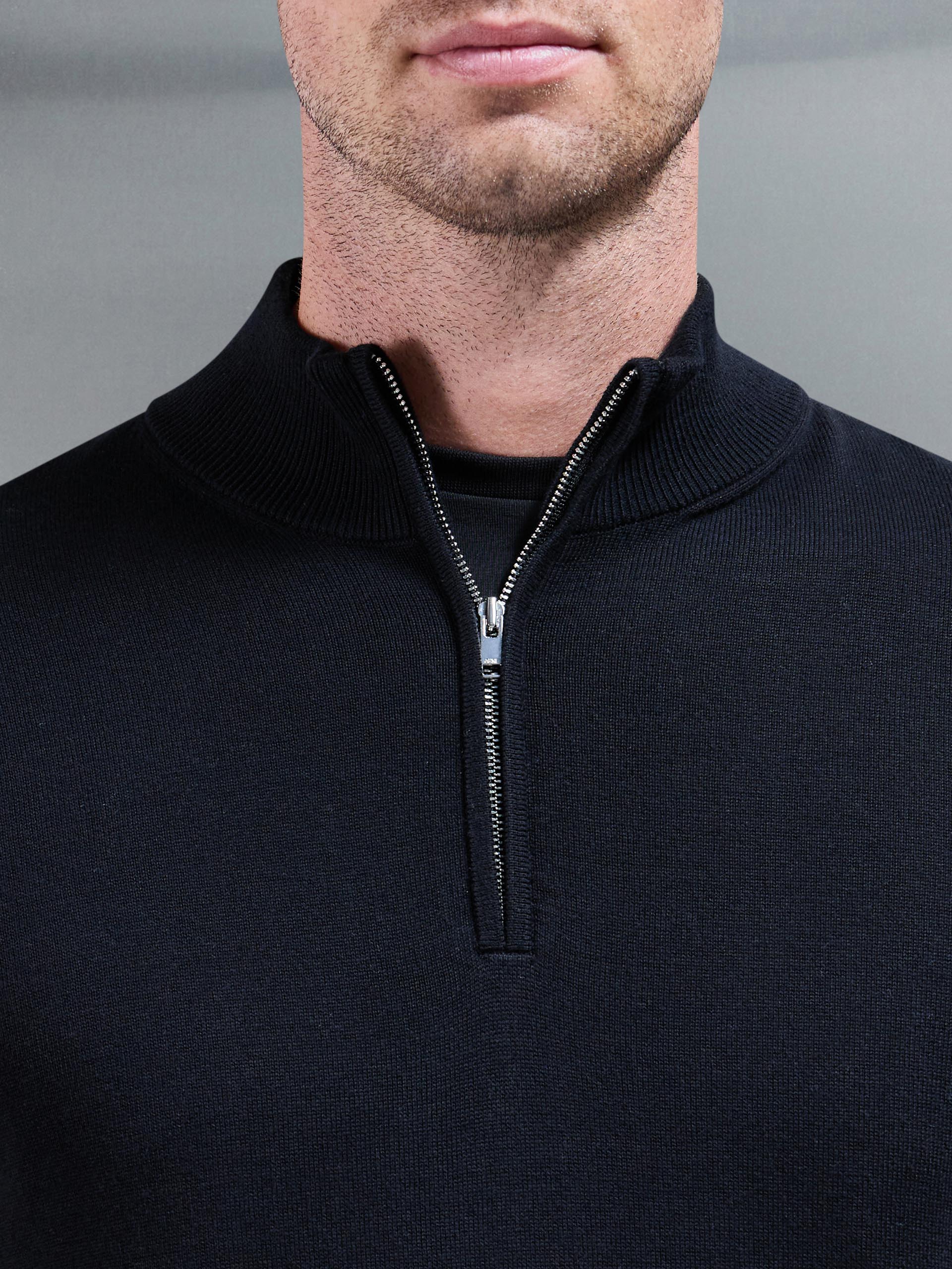 Cotton Knitted Half Zip Funnel Neck Jumper in Black - Image 3