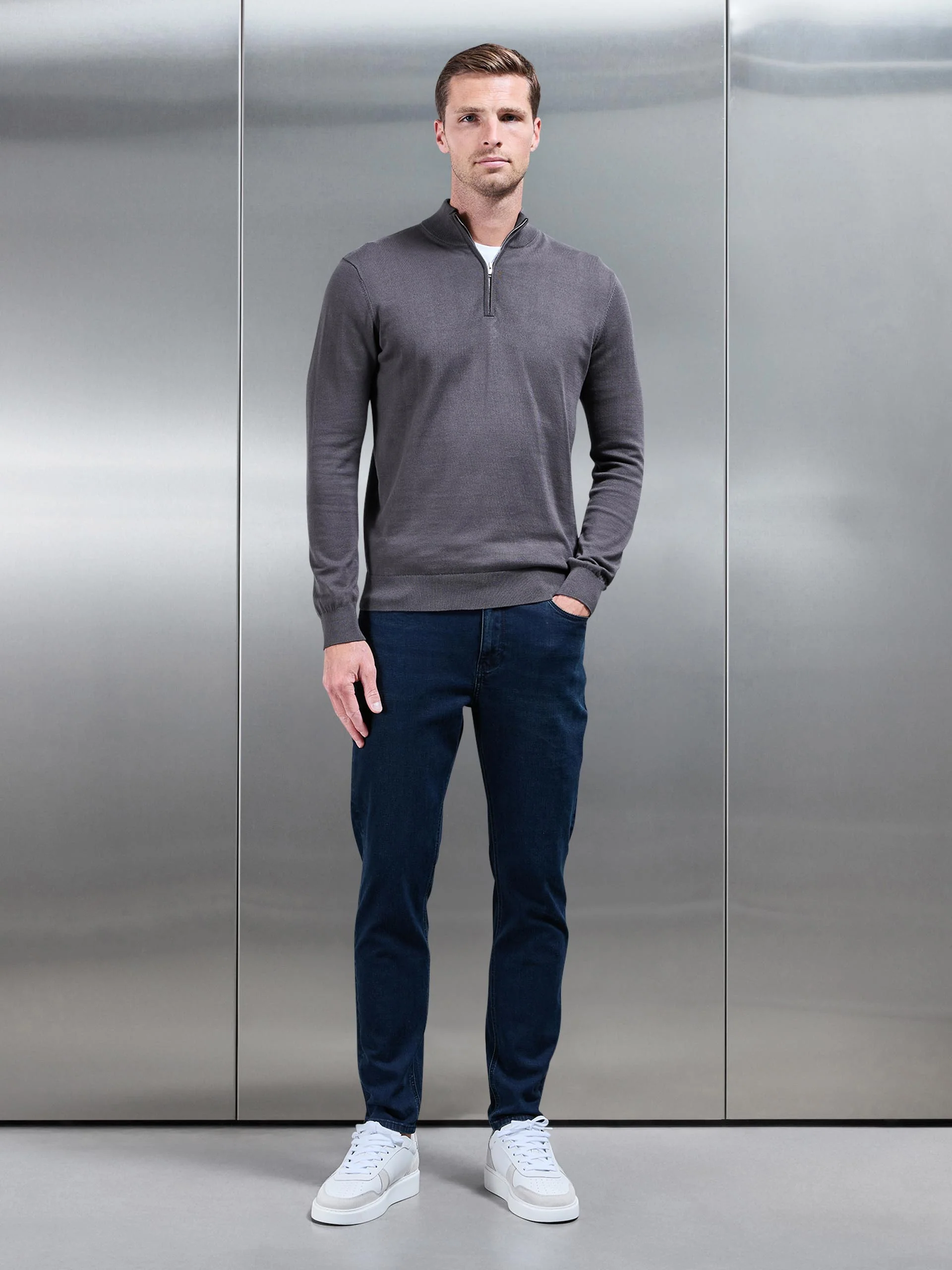 Cotton Knitted Half Zip Funnel Neck Jumper in Grey - Image 2