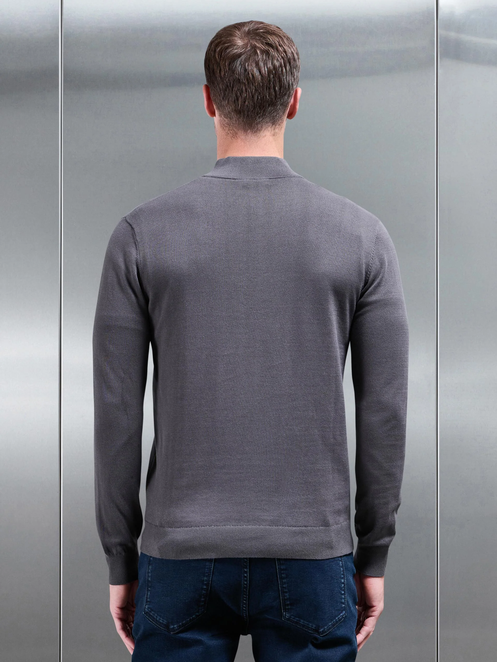 Cotton Knitted Half Zip Funnel Neck Jumper in Grey - Image 3