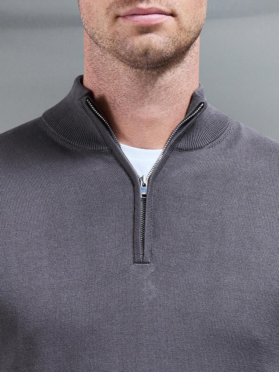 Cotton Knitted Half Zip Funnel Neck Jumper in Grey - Image 4