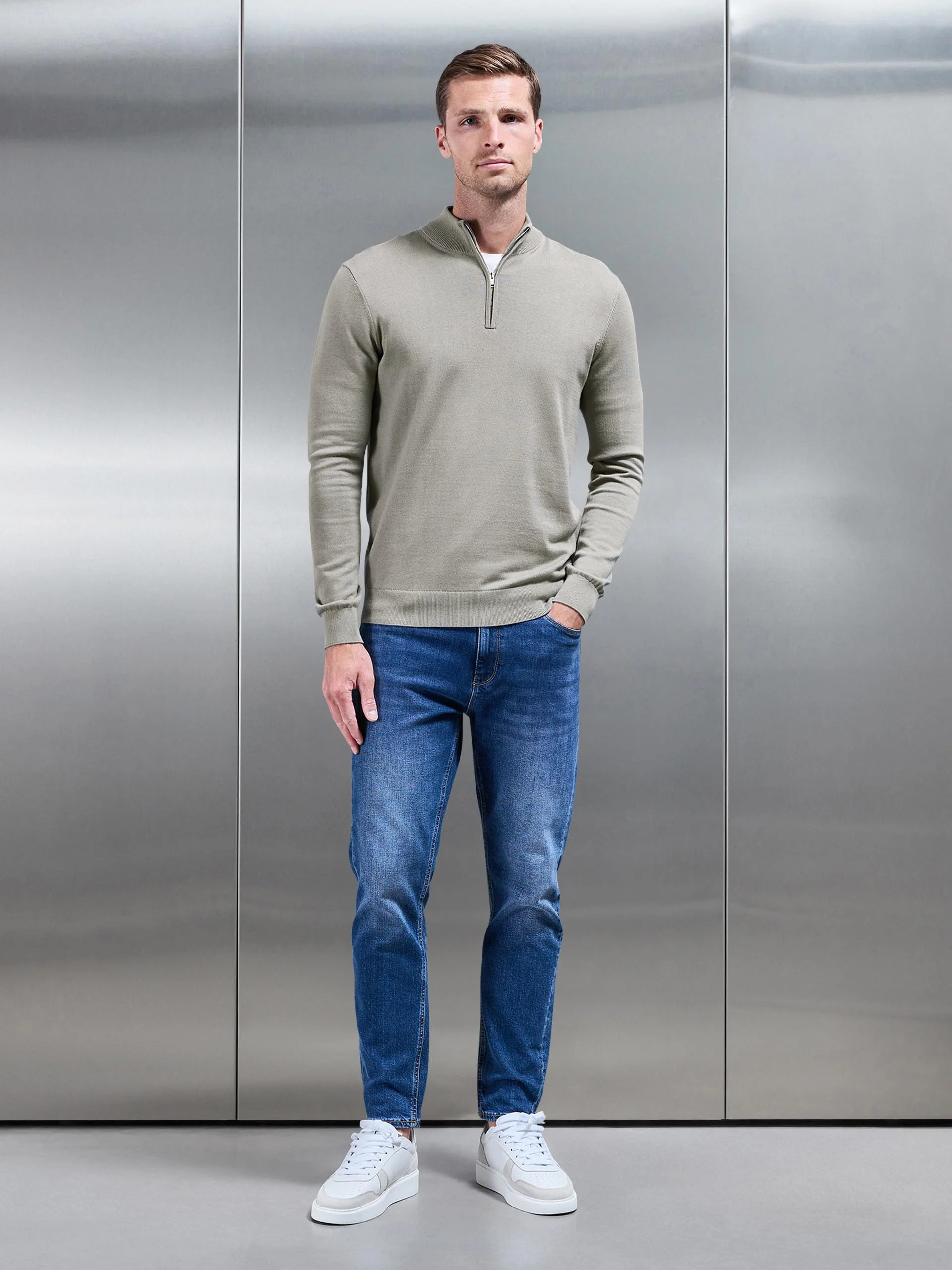 Cotton Knitted Half Zip Funnel Neck Jumper in Light Sage - Image 2
