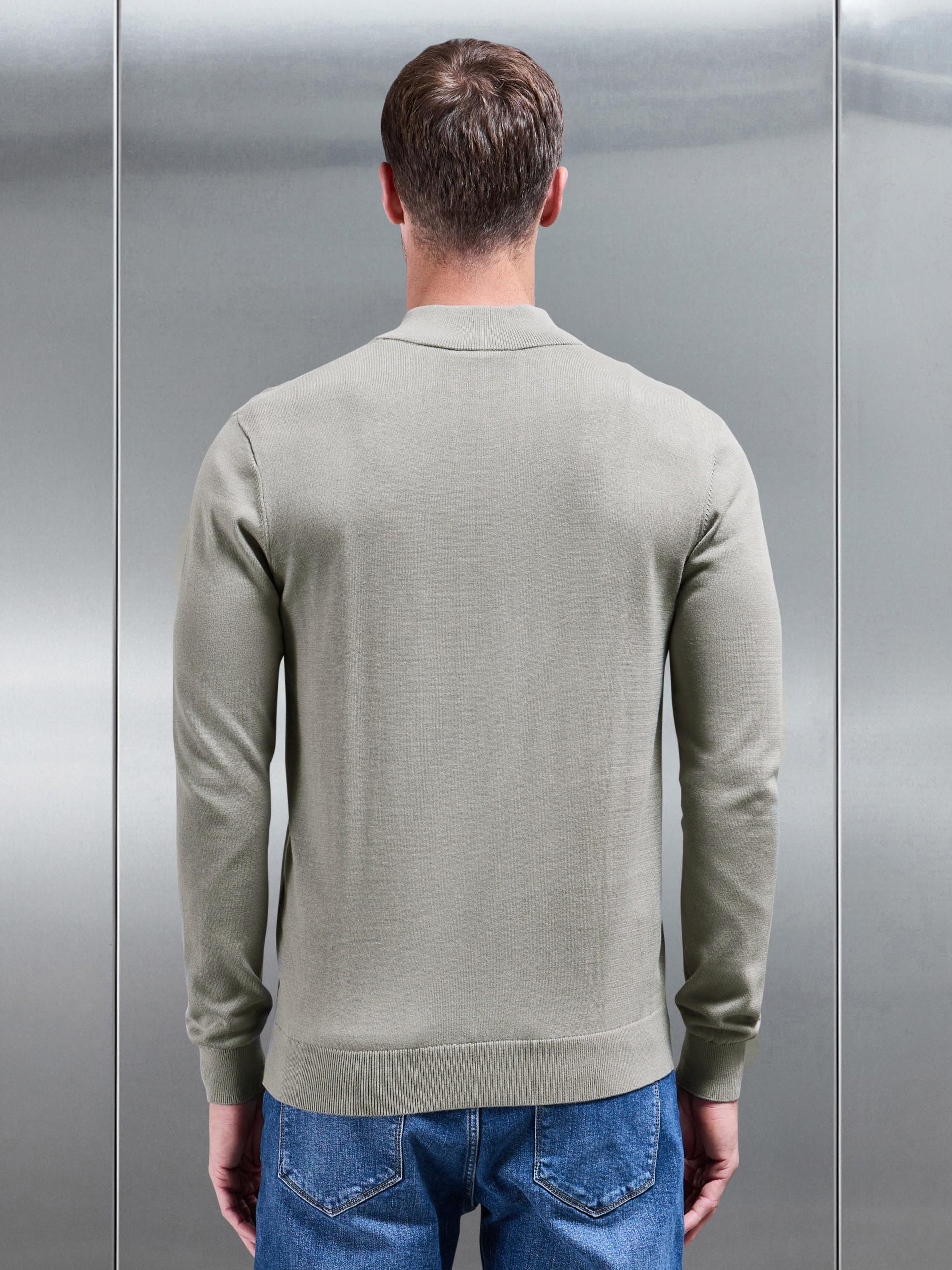Cotton Knitted Half Zip Funnel Neck Jumper in Light Sage - Image 3