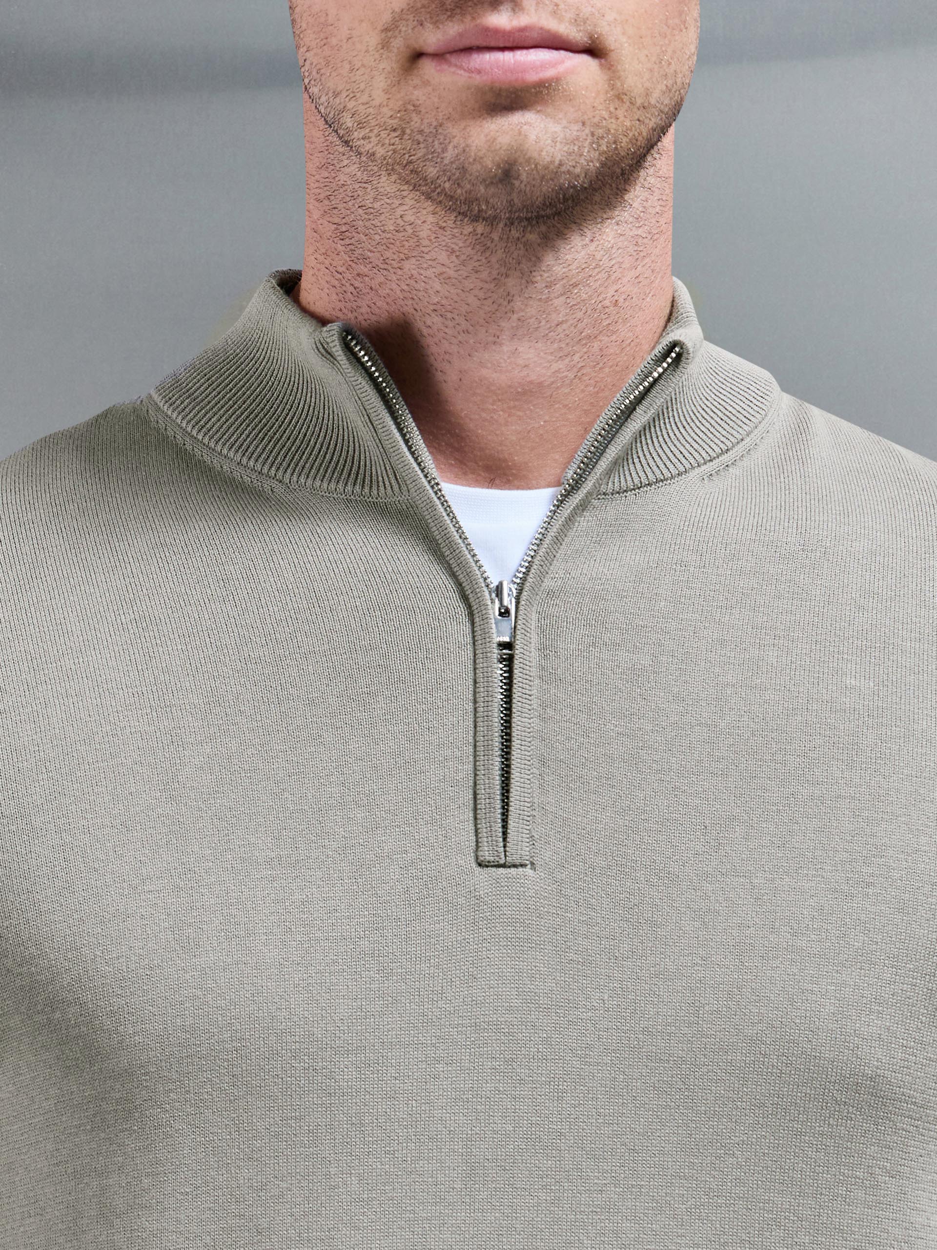 Cotton Knitted Half Zip Funnel Neck Jumper in Light Sage - Image 4