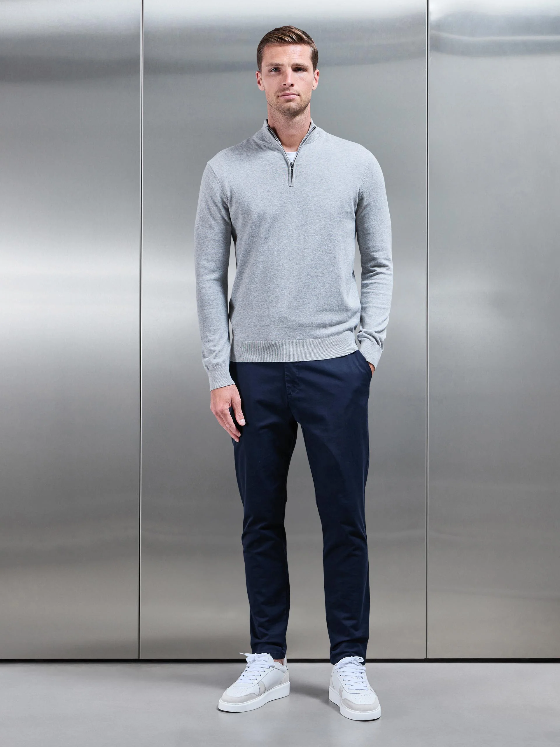 Cotton Knitted Half Zip Funnel Neck Jumper in Marl Grey - Image 2