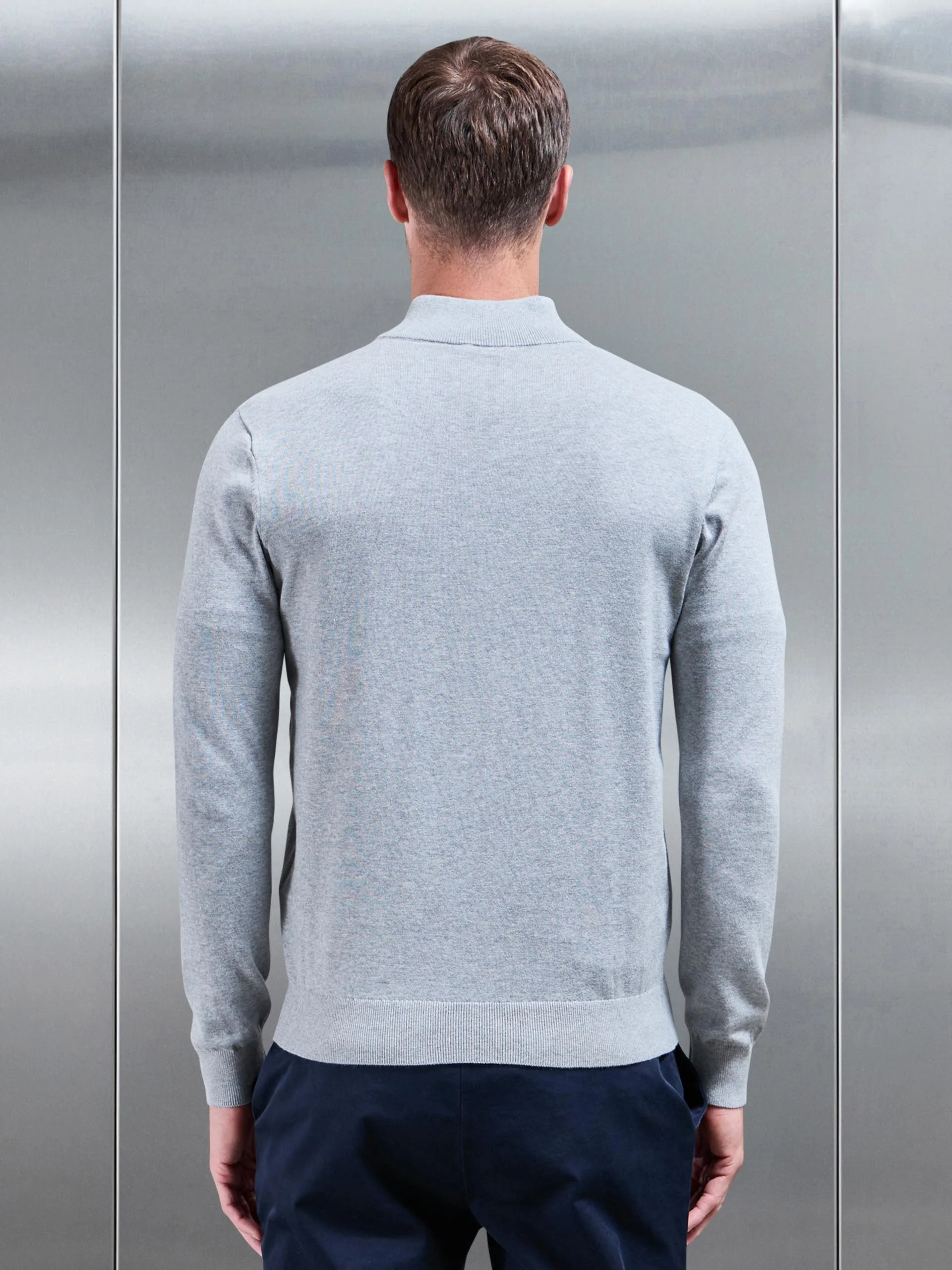 Cotton Knitted Half Zip Funnel Neck Jumper in Marl Grey - Image 3