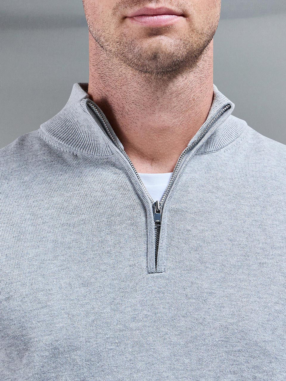 Cotton Knitted Half Zip Funnel Neck Jumper in Marl Grey - Image 4