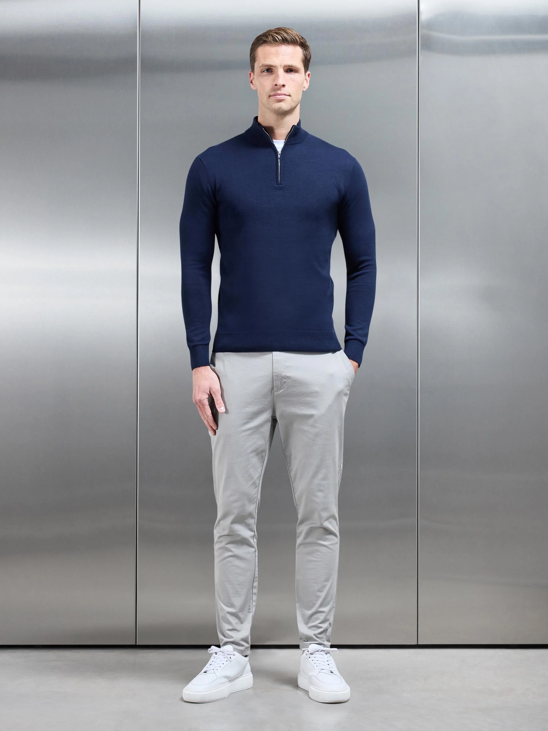 Cotton Knitted Half Zip Funnel Neck Jumper in Navy - Image 2