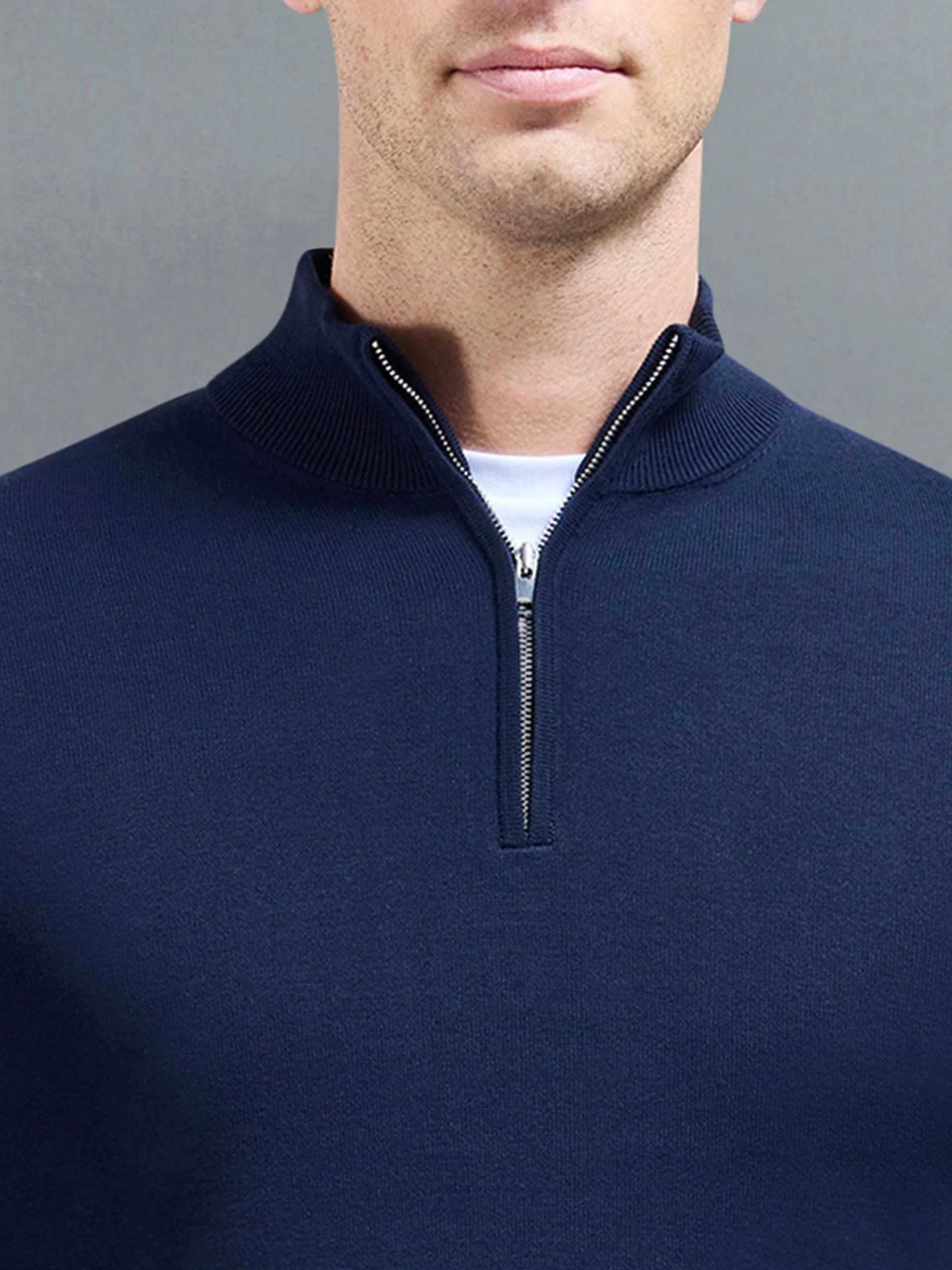 Cotton Knitted Half Zip Funnel Neck Jumper in Navy - Image 3