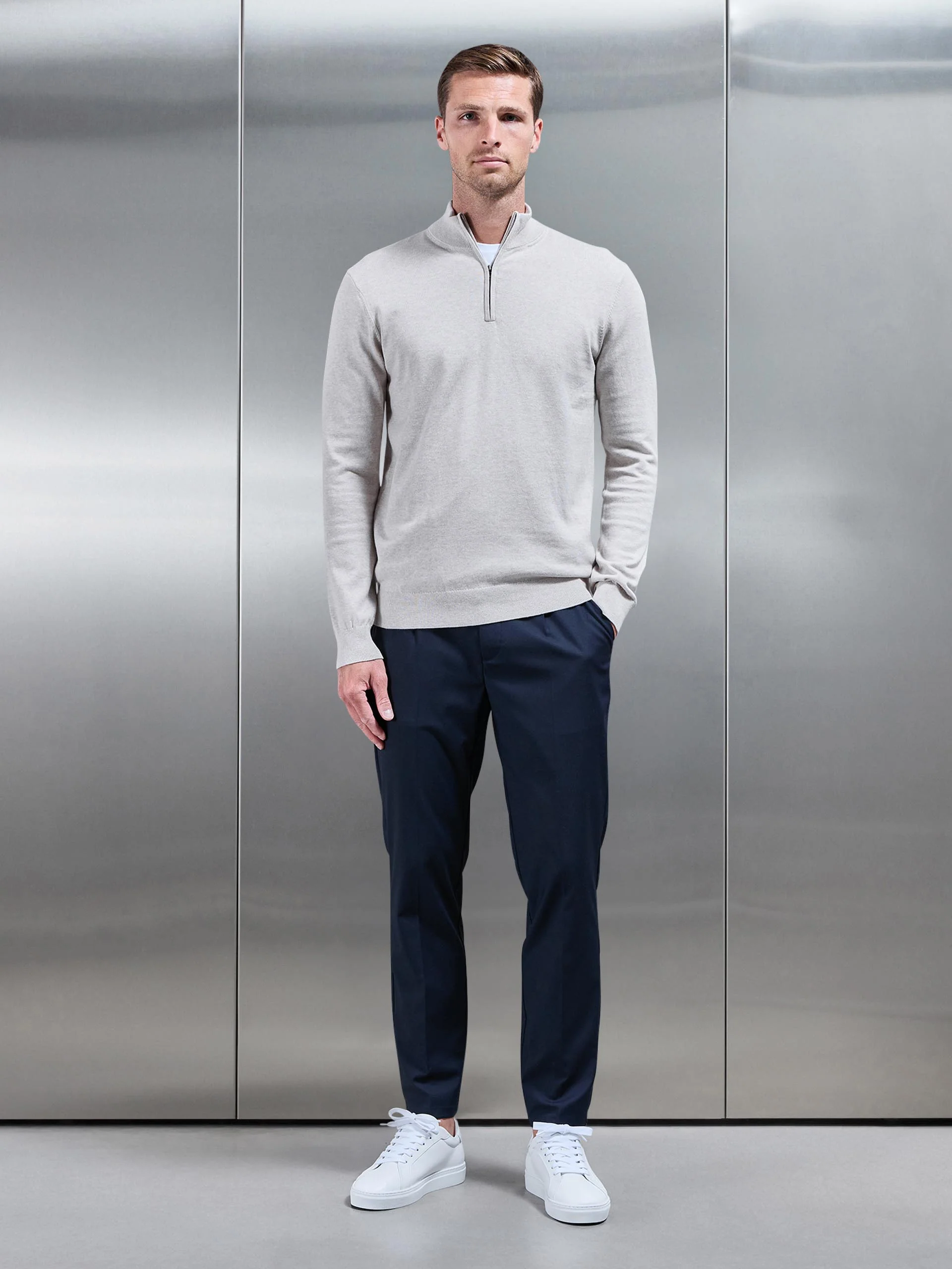 Cotton Knitted Half Zip Funnel Neck Jumper in Oatmeal - Image 2