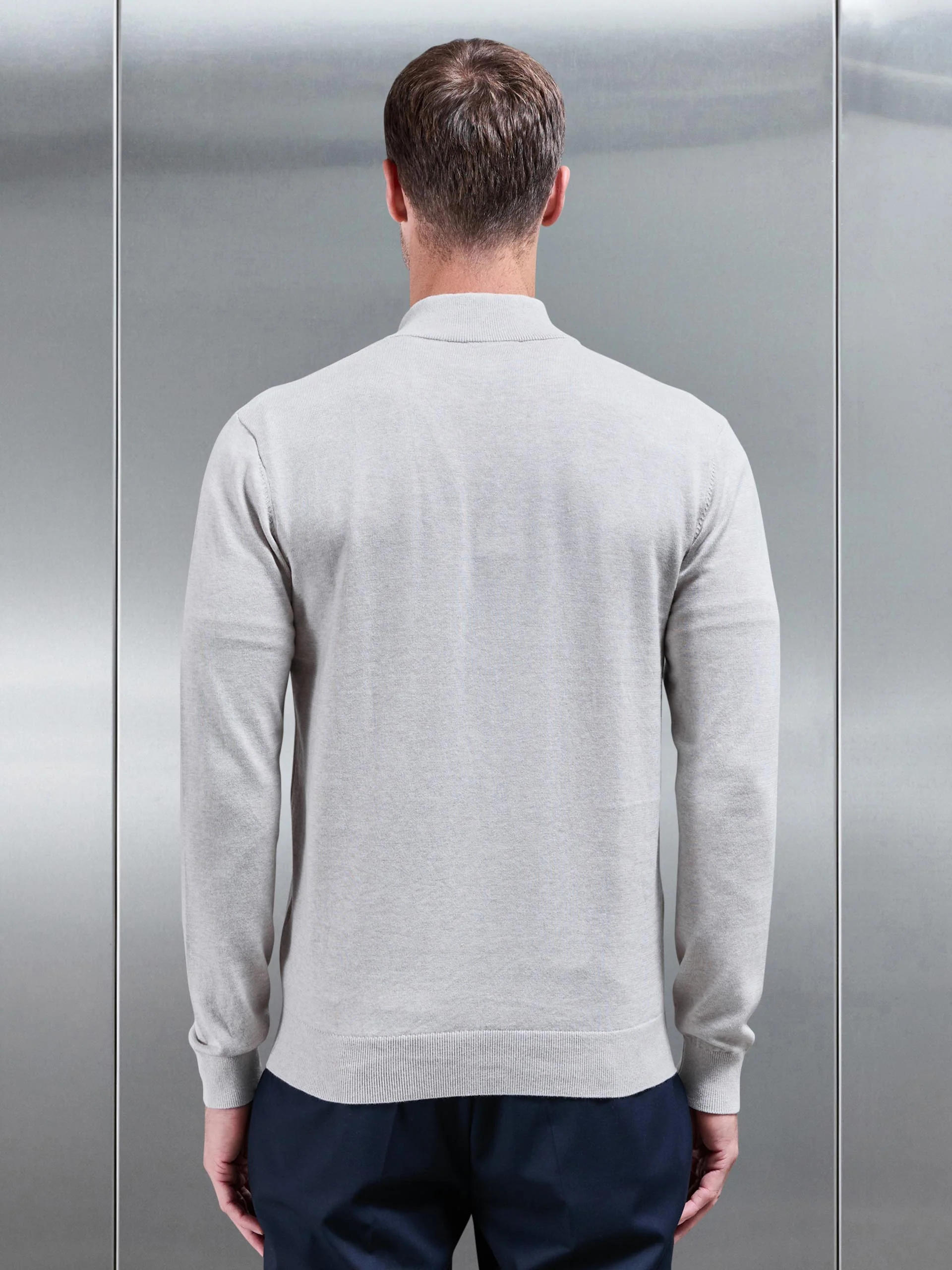 Cotton Knitted Half Zip Funnel Neck Jumper in Oatmeal - Image 3