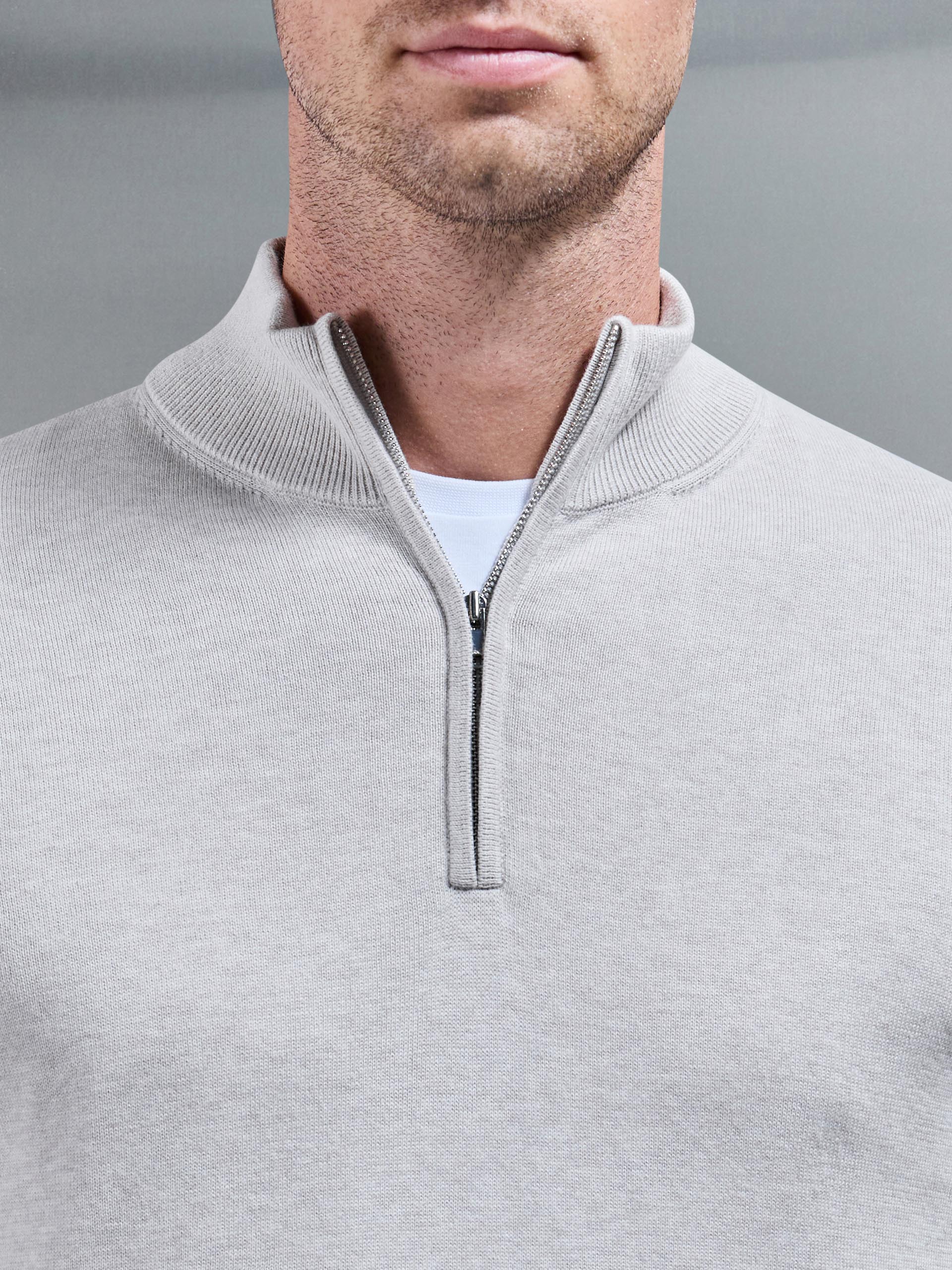 Cotton Knitted Half Zip Funnel Neck Jumper in Oatmeal - Image 4