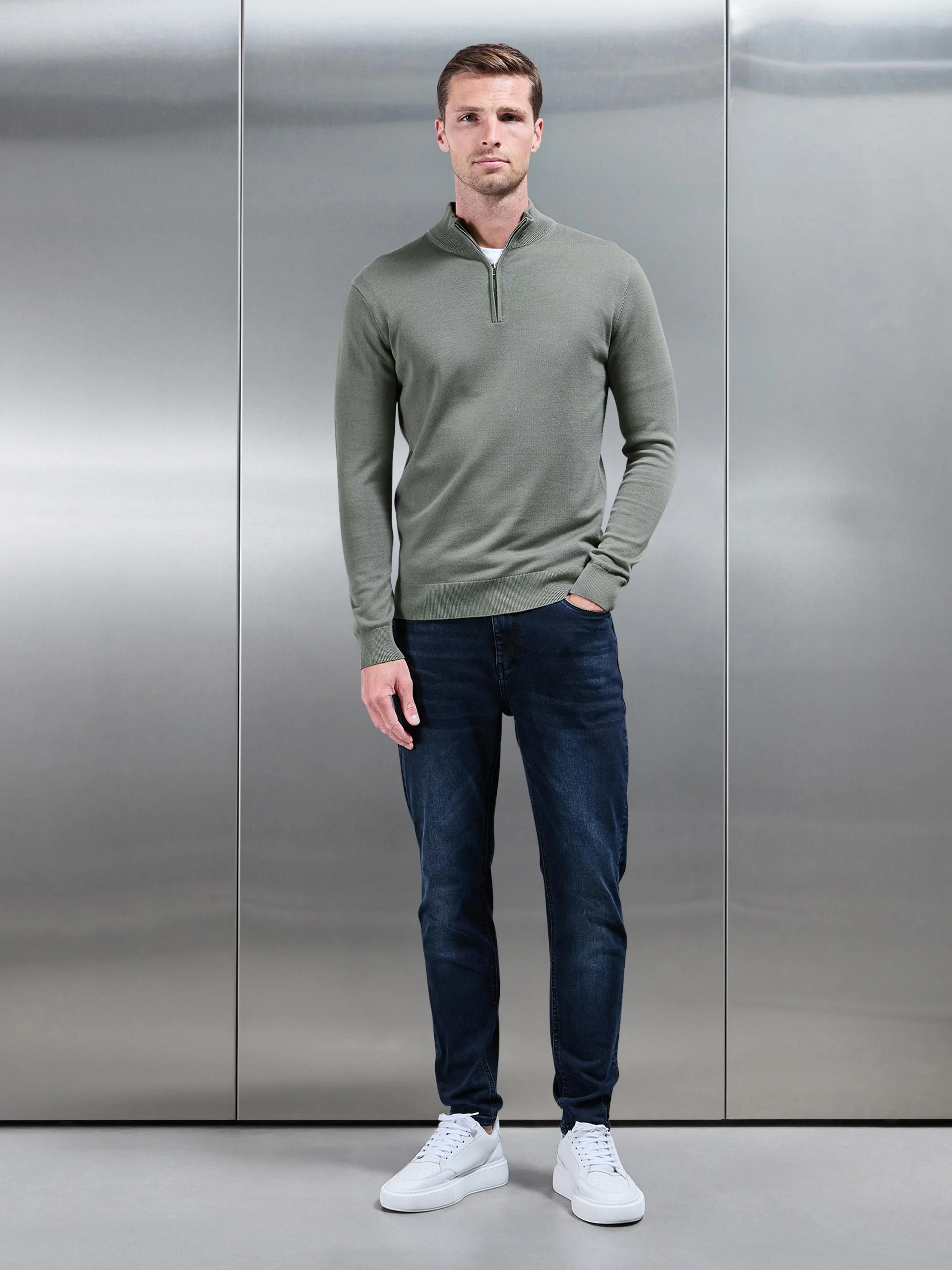 Cotton Knitted Half Zip Funnel Neck Jumper in Sage - Image 2