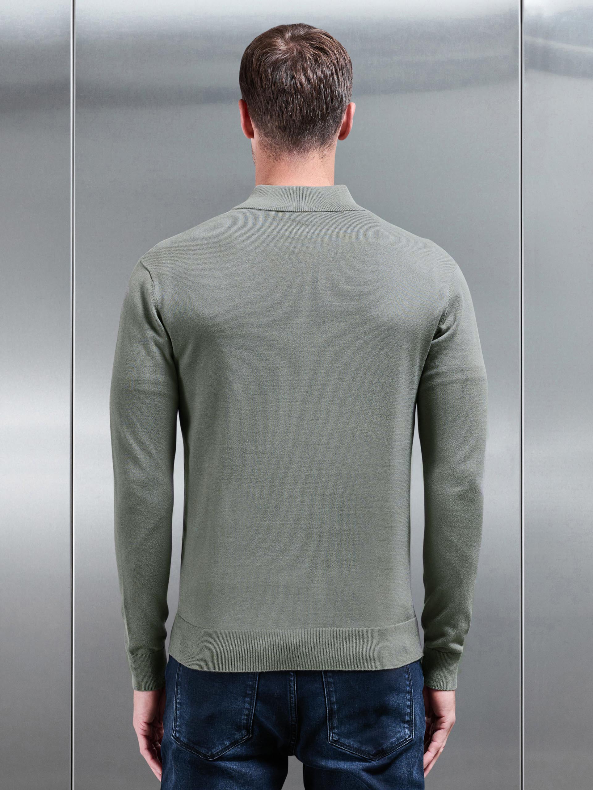Cotton Knitted Half Zip Funnel Neck Jumper in Sage - Image 3