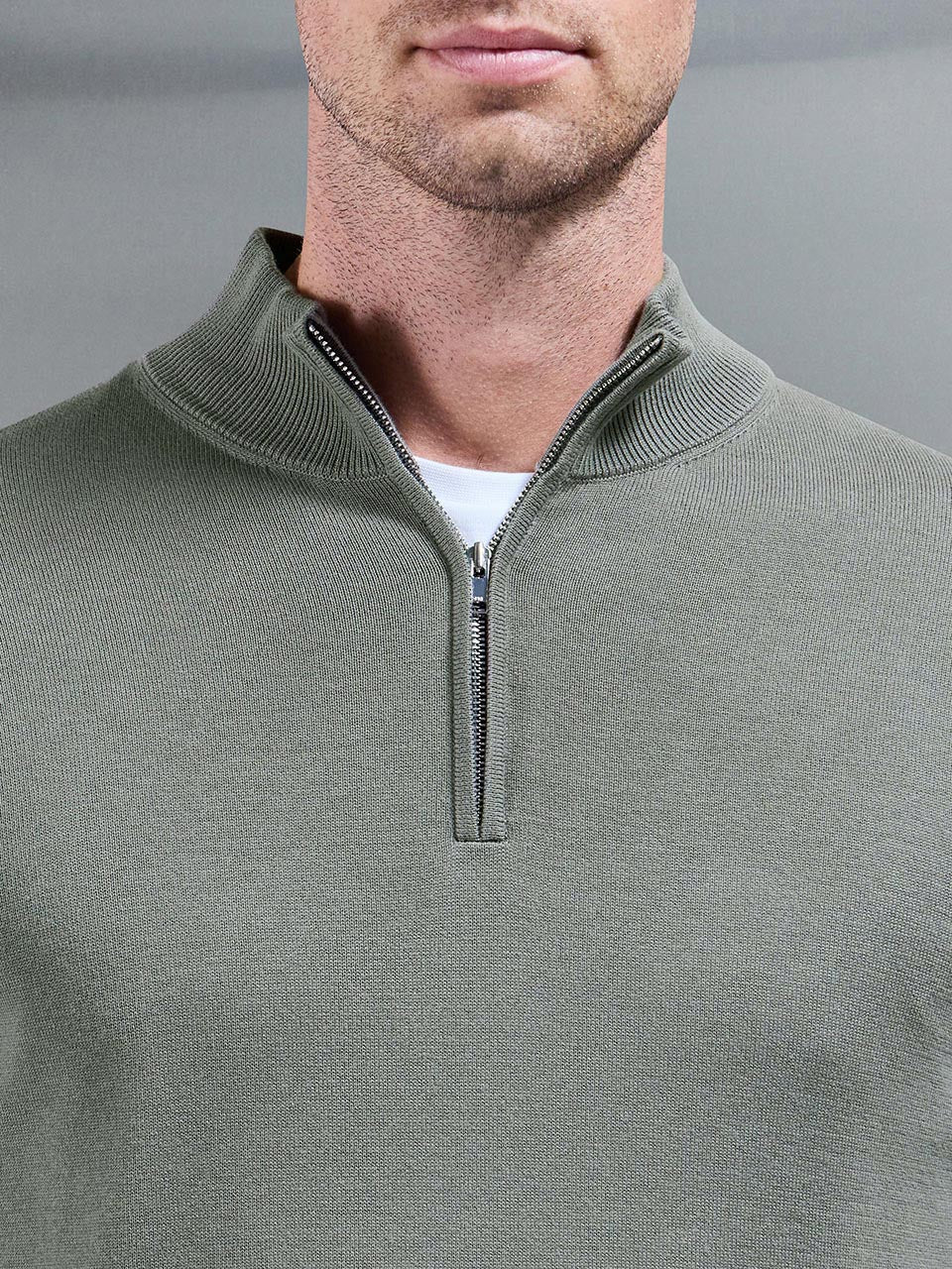 Cotton Knitted Half Zip Funnel Neck Jumper in Sage - Image 4