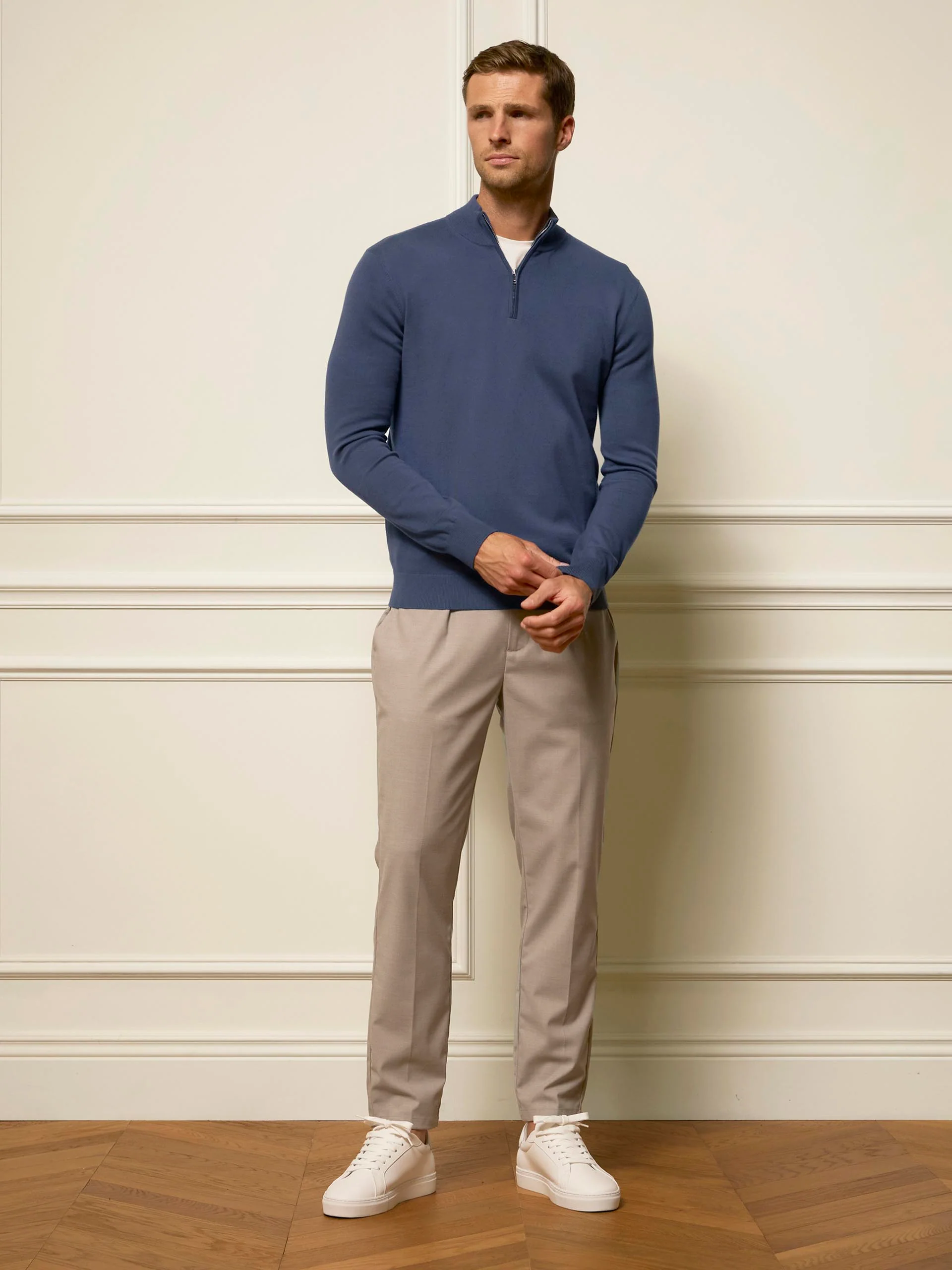 Cotton Knitted Half Zip Funnel Neck Jumper in Slate Blue - Image 2