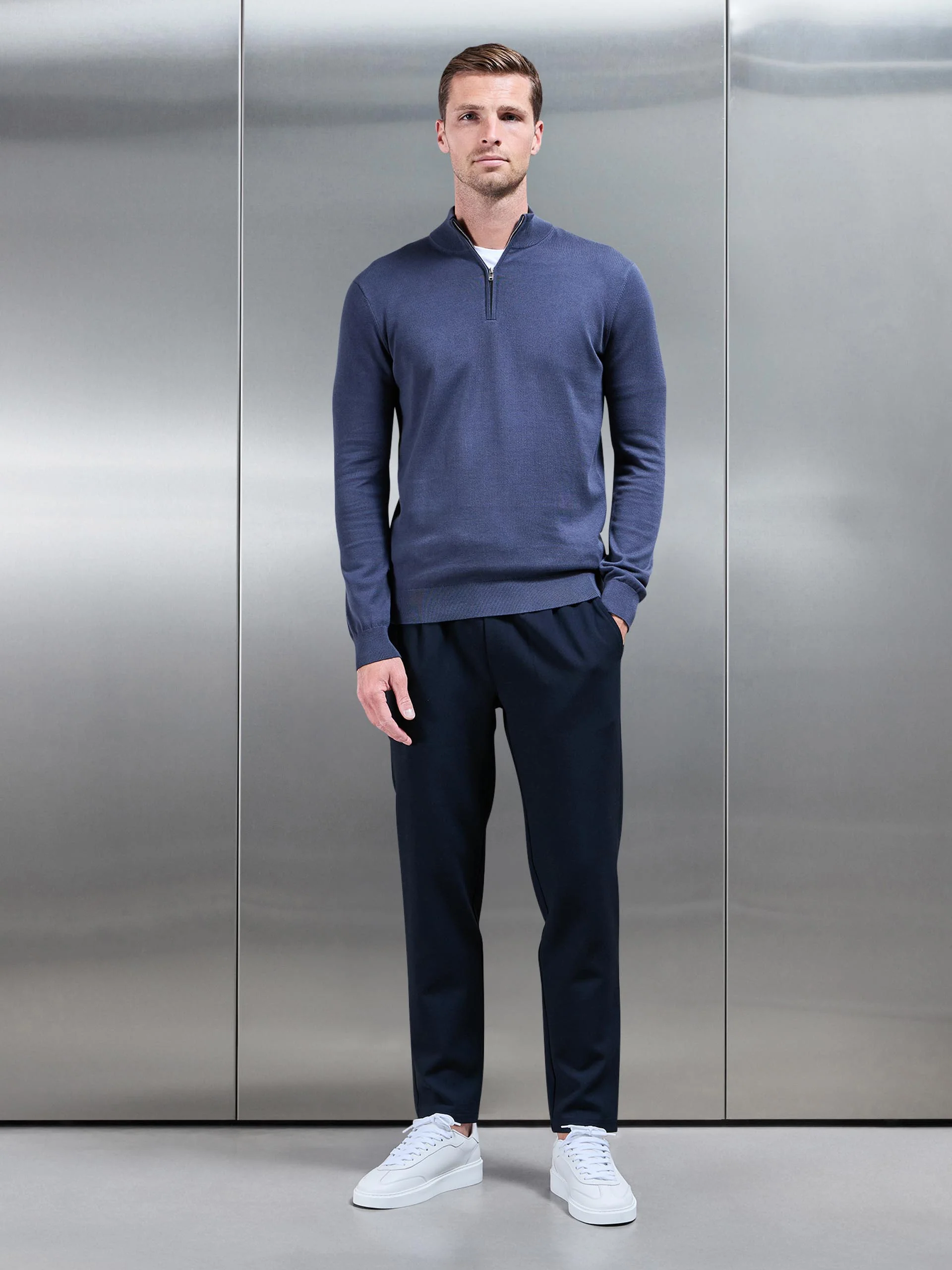 Cotton Knitted Half Zip Funnel Neck Jumper in Slate Blue - Image 3
