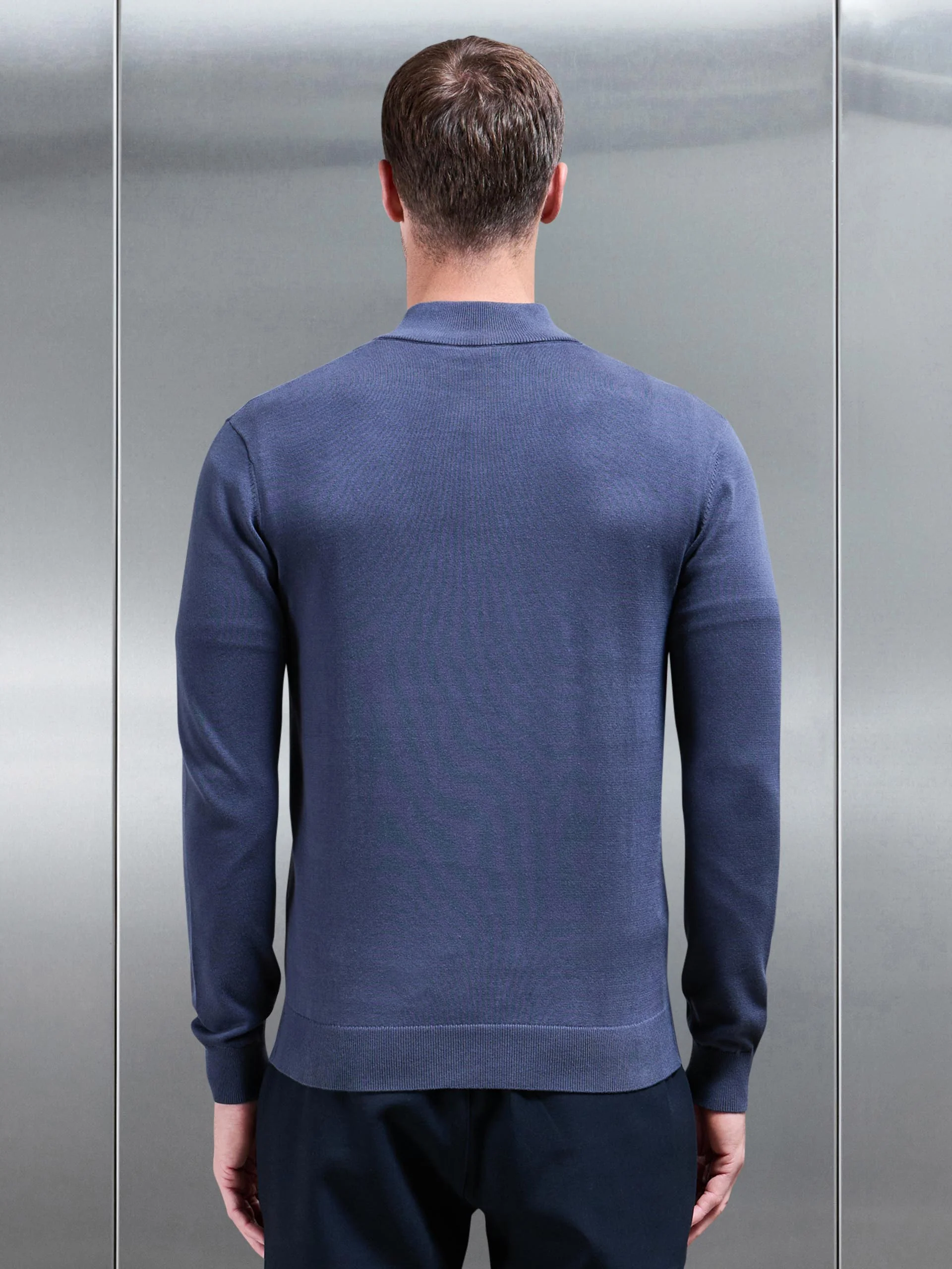 Cotton Knitted Half Zip Funnel Neck Jumper in Slate Blue - Image 4