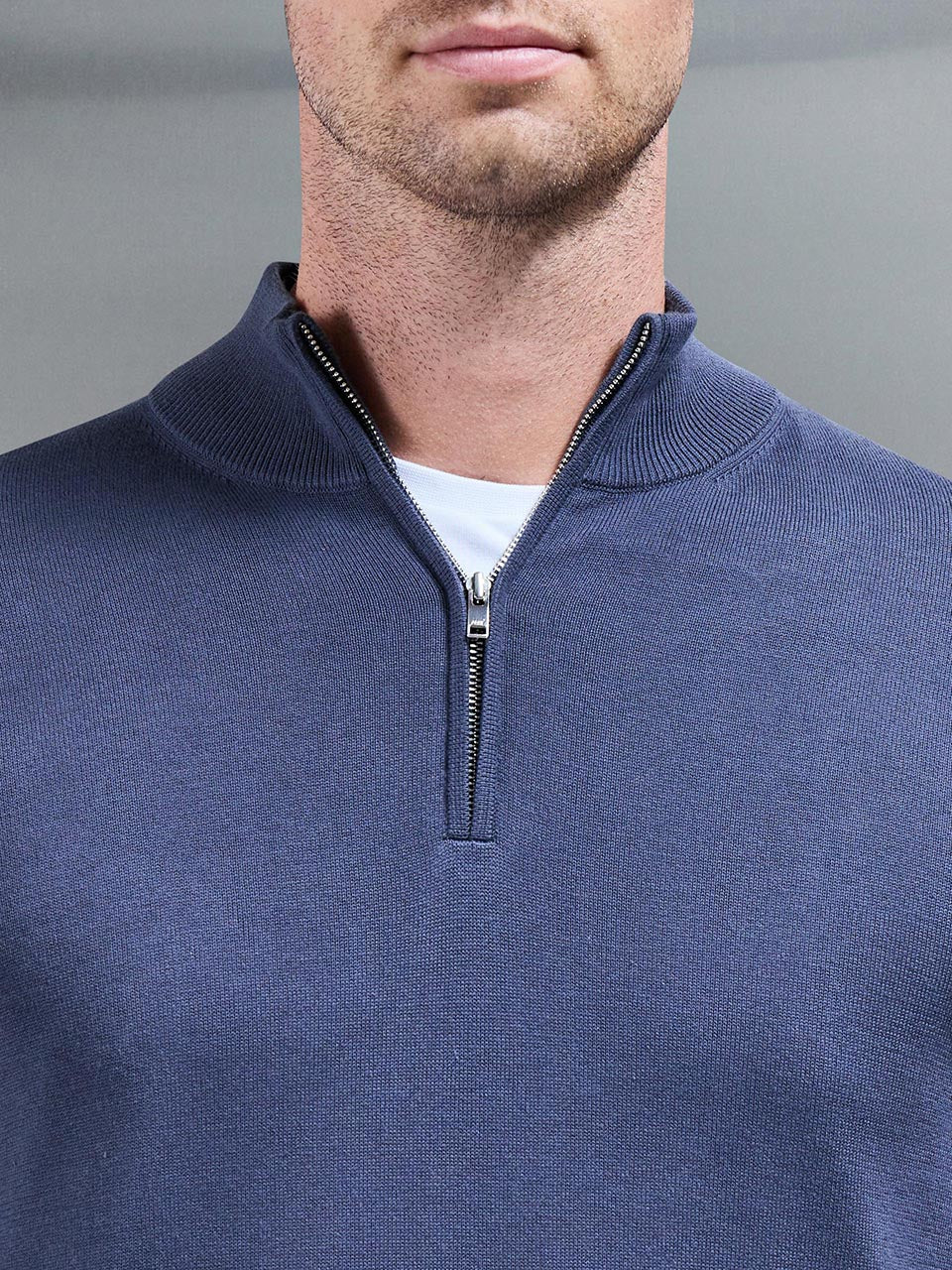 Cotton Knitted Half Zip Funnel Neck Jumper in Slate Blue - Image 5