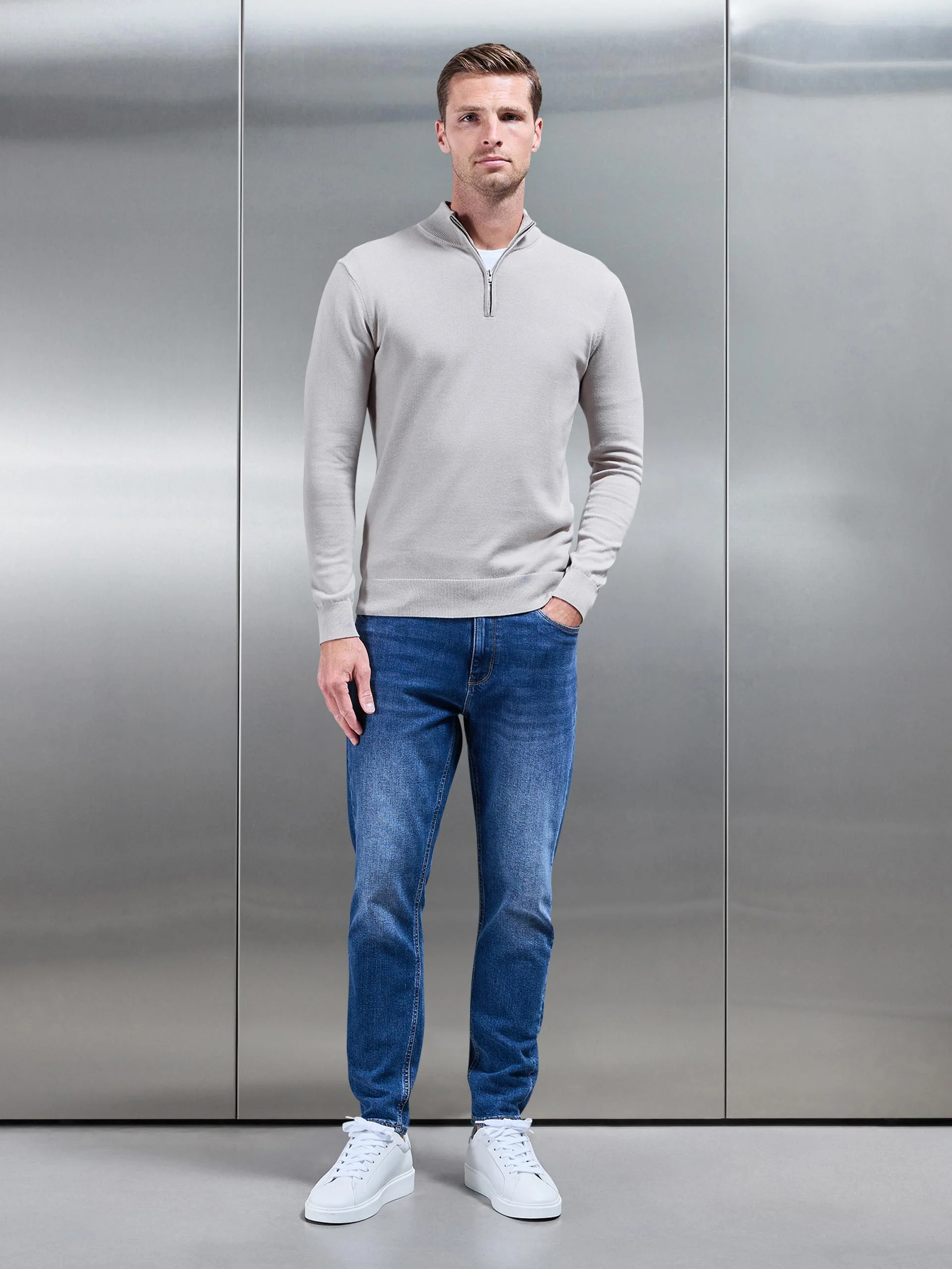 Cotton Knitted Half Zip Funnel Neck Jumper in Stone - Image 2