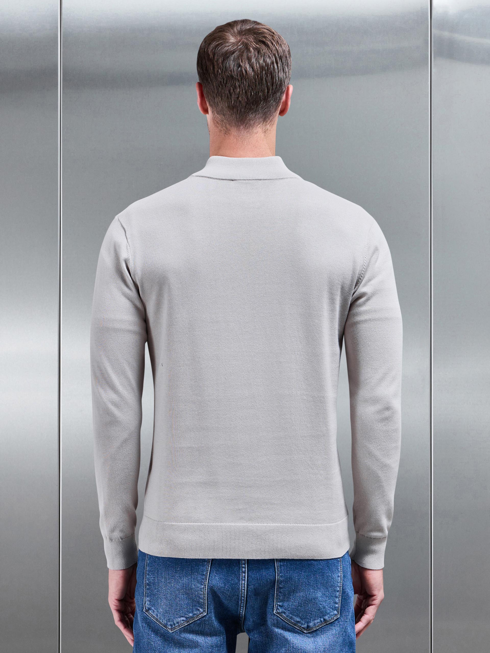 Cotton Knitted Half Zip Funnel Neck Jumper in Stone - Image 3
