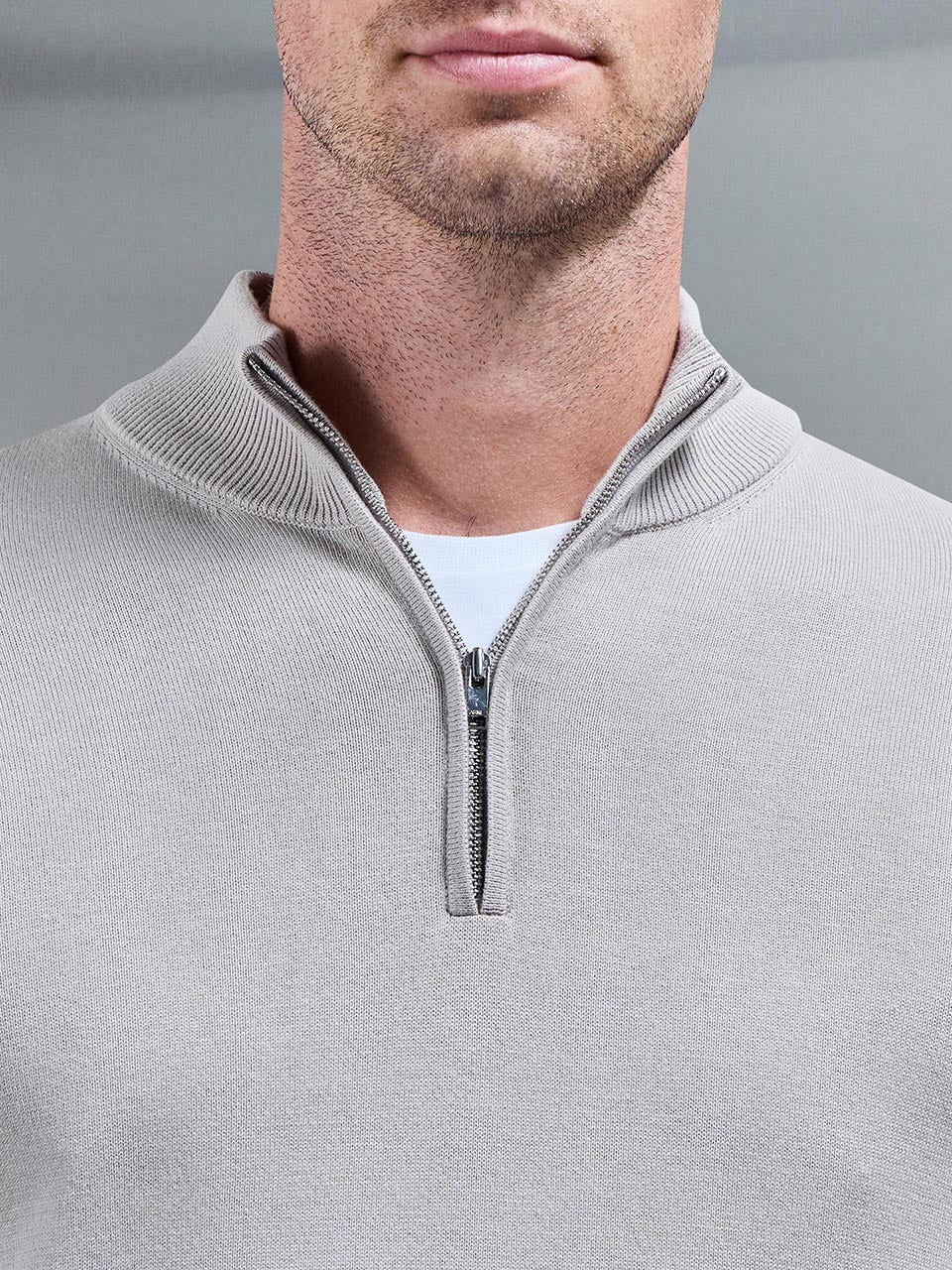 Cotton Knitted Half Zip Funnel Neck Jumper in Stone - Image 4