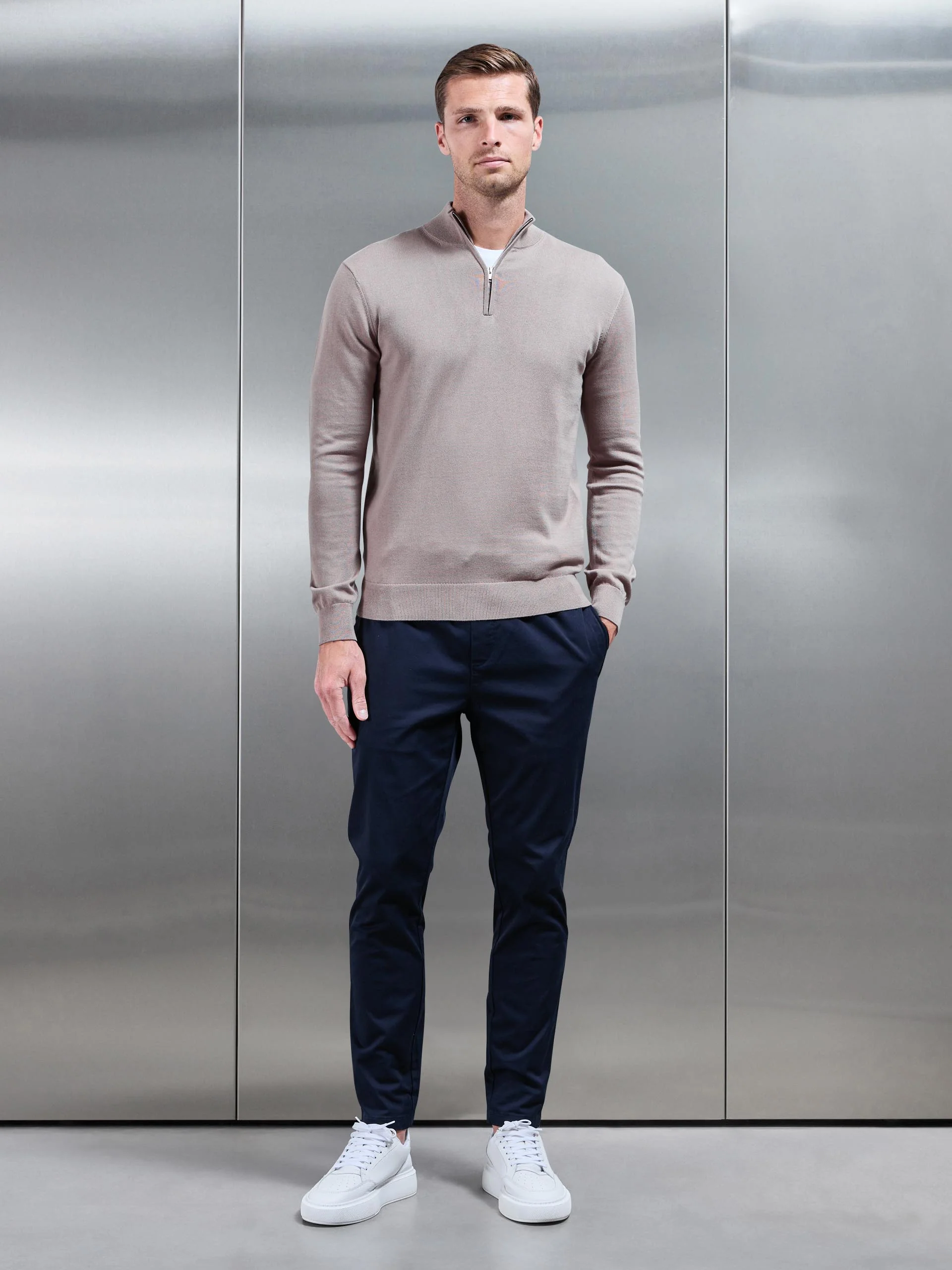 Cotton Knitted Half Zip Funnel Neck Jumper in Taupe - Image 2