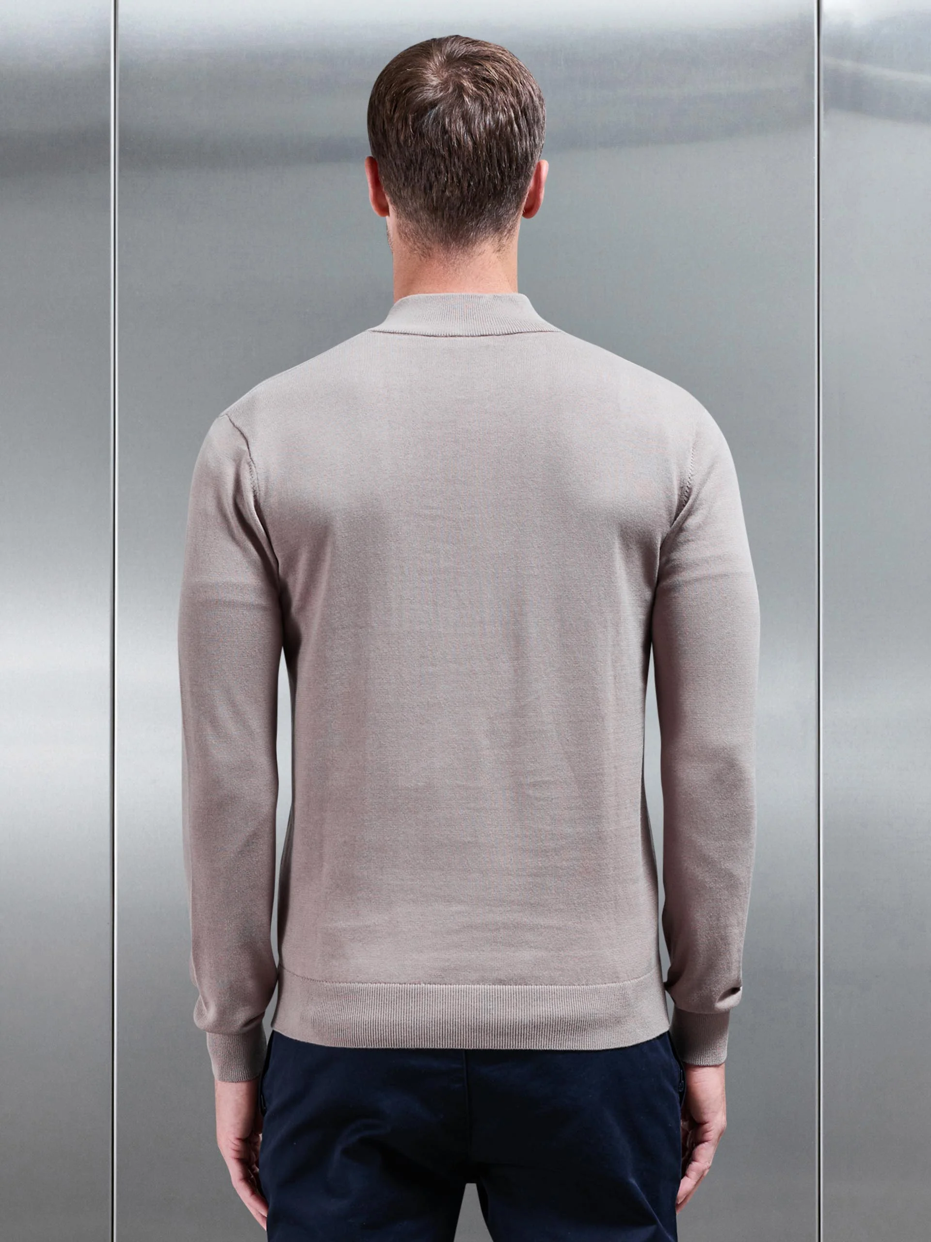 Cotton Knitted Half Zip Funnel Neck Jumper in Taupe - Image 3