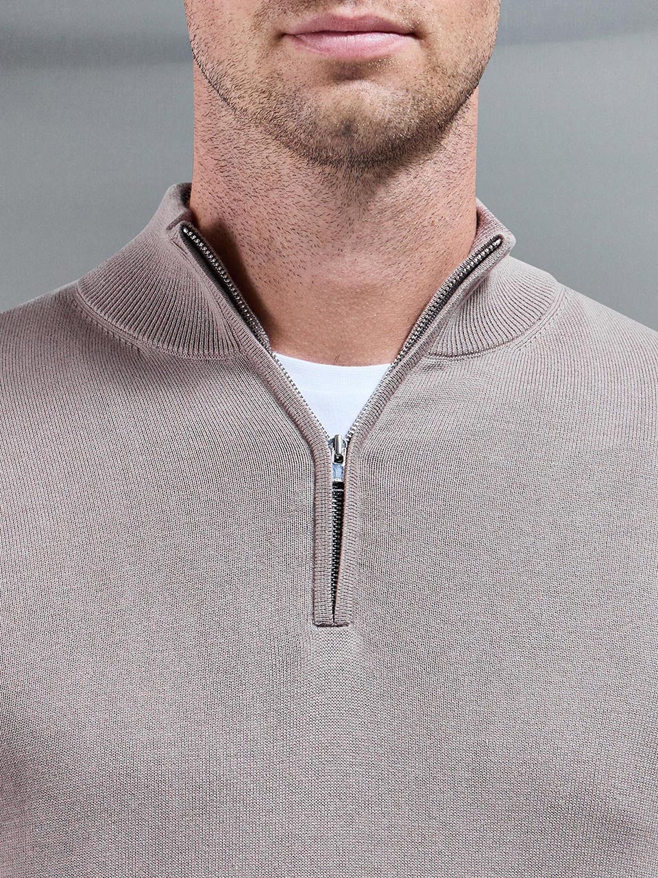Cotton Knitted Half Zip Funnel Neck Jumper in Taupe - Image 4