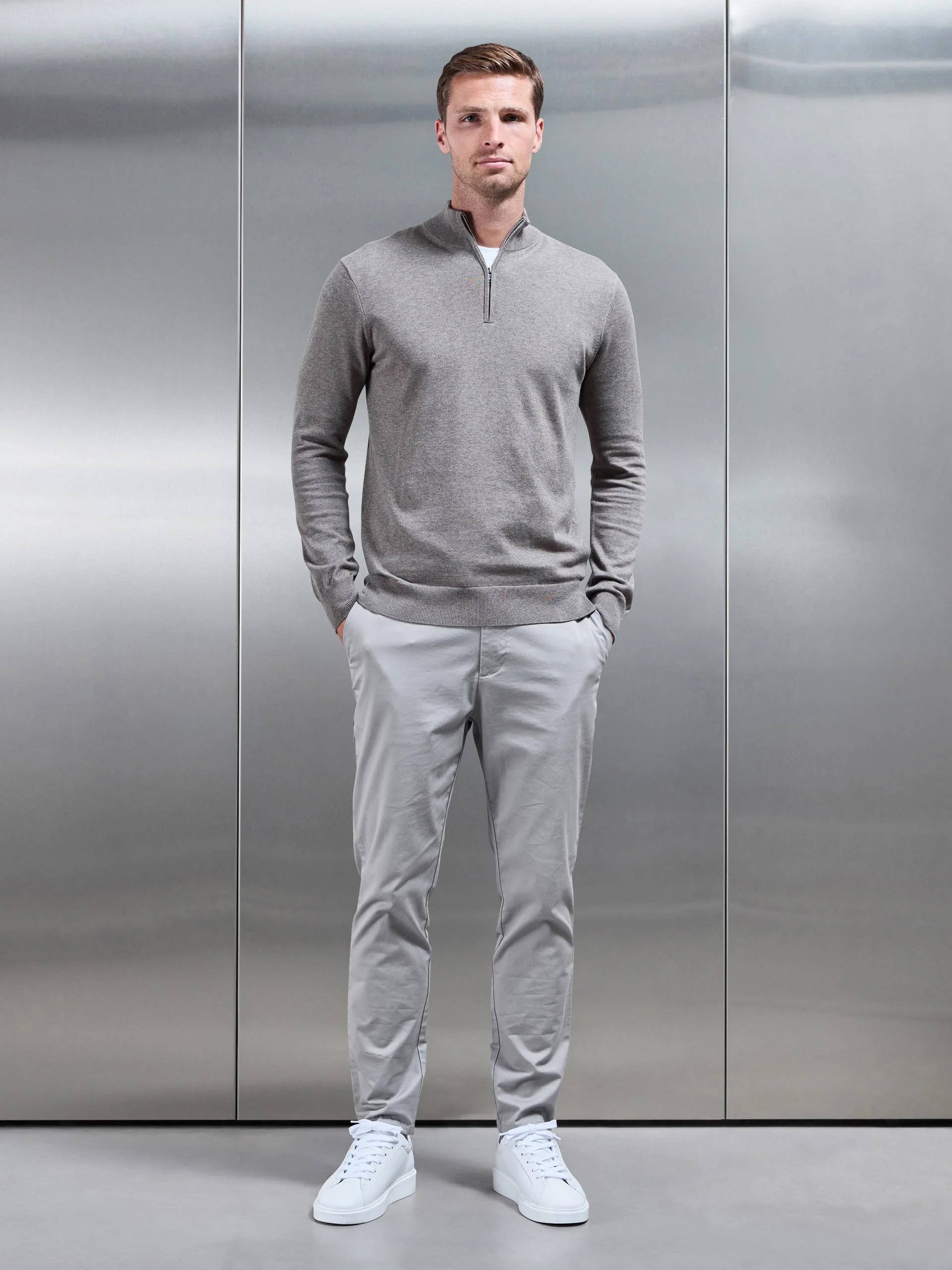 Cotton Knitted Half Zip Funnel Neck Jumper in Taupe Marl - Image 2