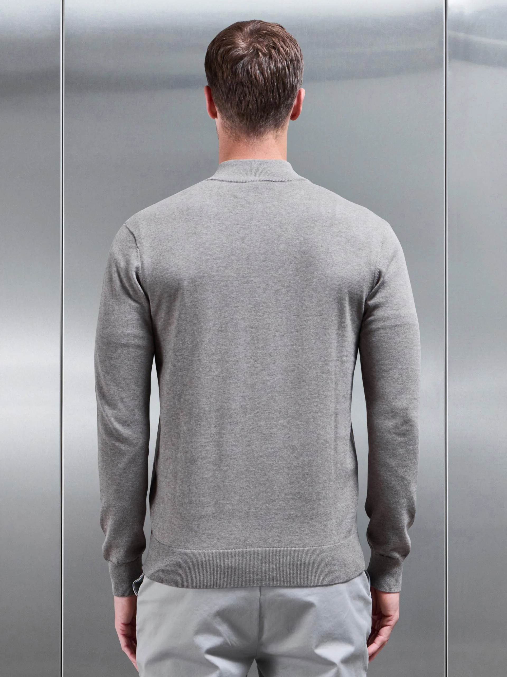 Cotton Knitted Half Zip Funnel Neck Jumper in Taupe Marl - Image 3