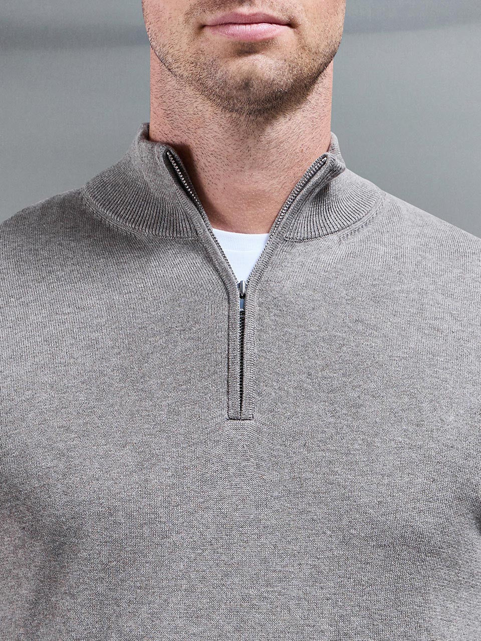 Cotton Knitted Half Zip Funnel Neck Jumper in Taupe Marl - Image 4