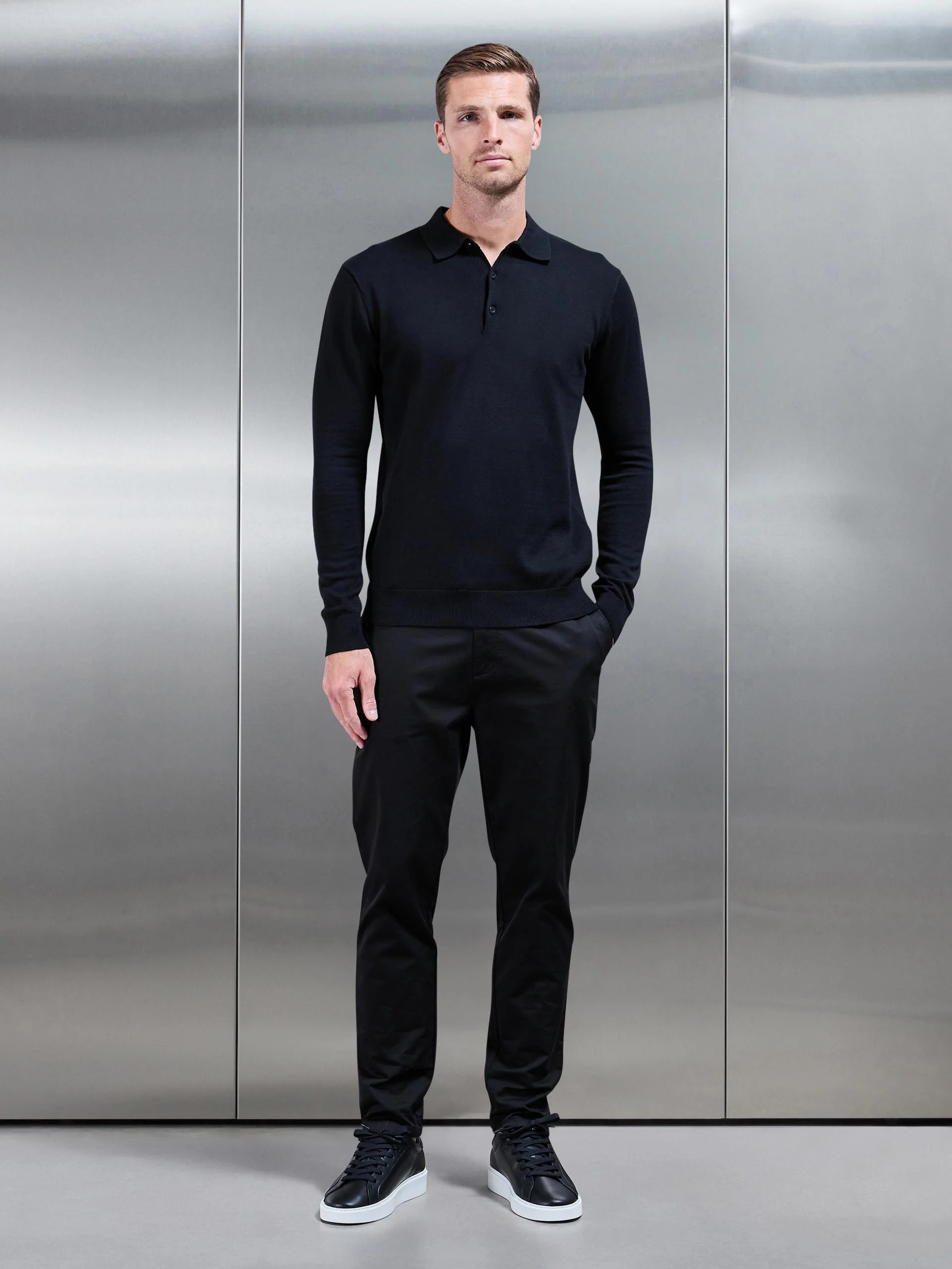Cotton Knitted Long Sleeve Button Polo Shirt in Black - Image 2