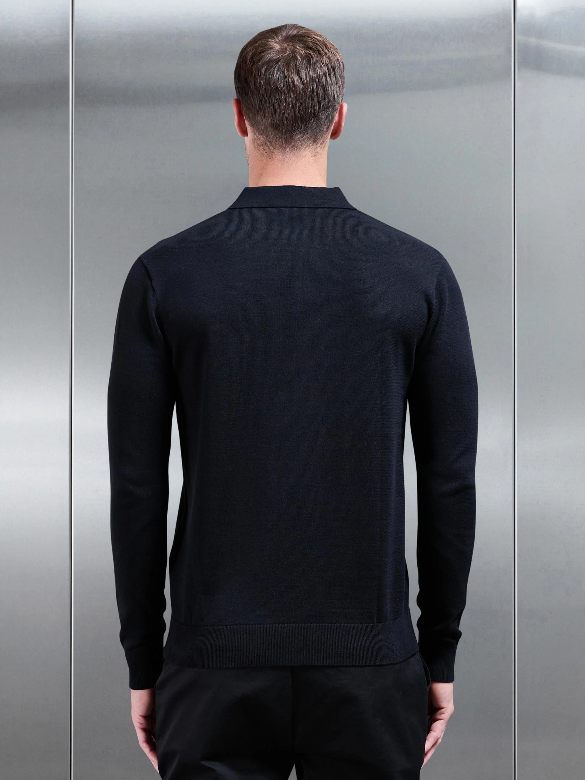 Cotton Knitted Long Sleeve Button Polo Shirt in Black - Image 3