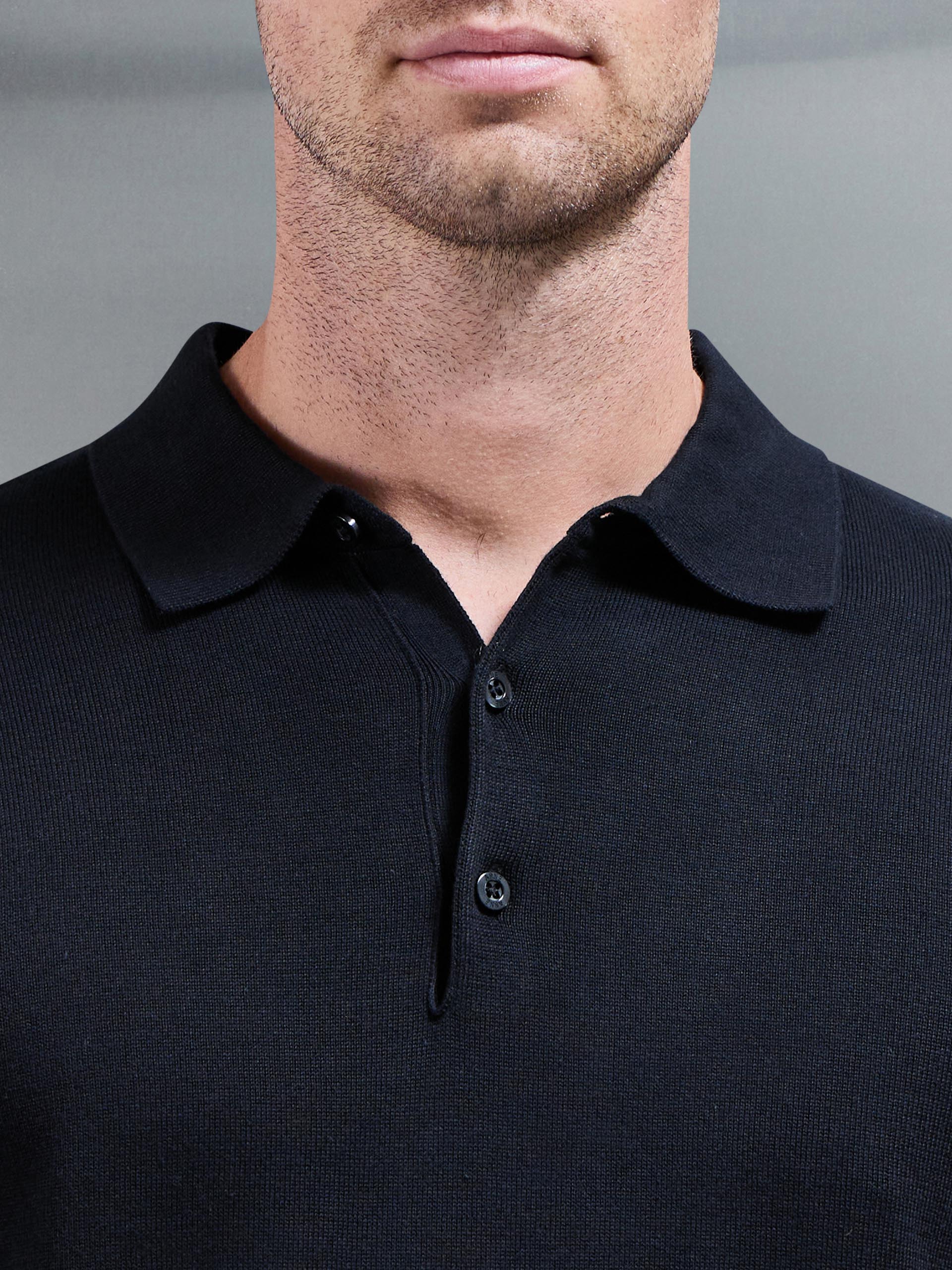 Cotton Knitted Long Sleeve Button Polo Shirt in Black - Image 4