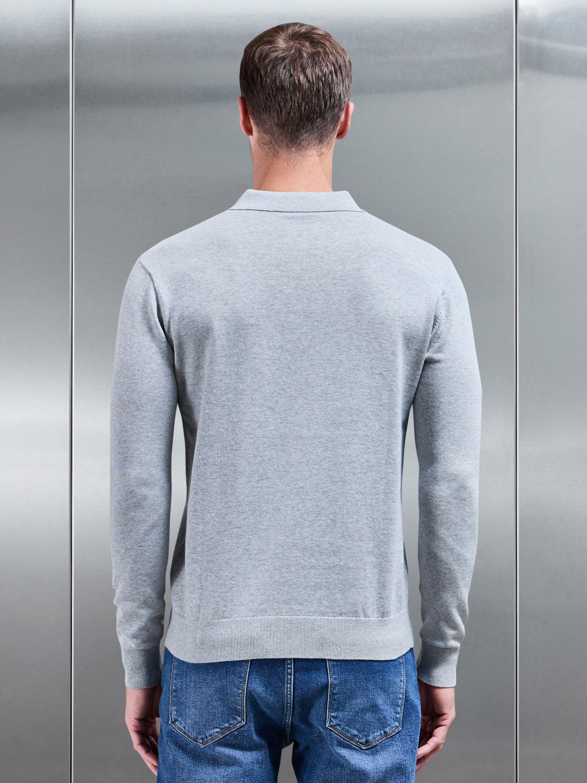 Cotton Knitted Long Sleeve Button Polo Shirt in Marl Grey - Image 3