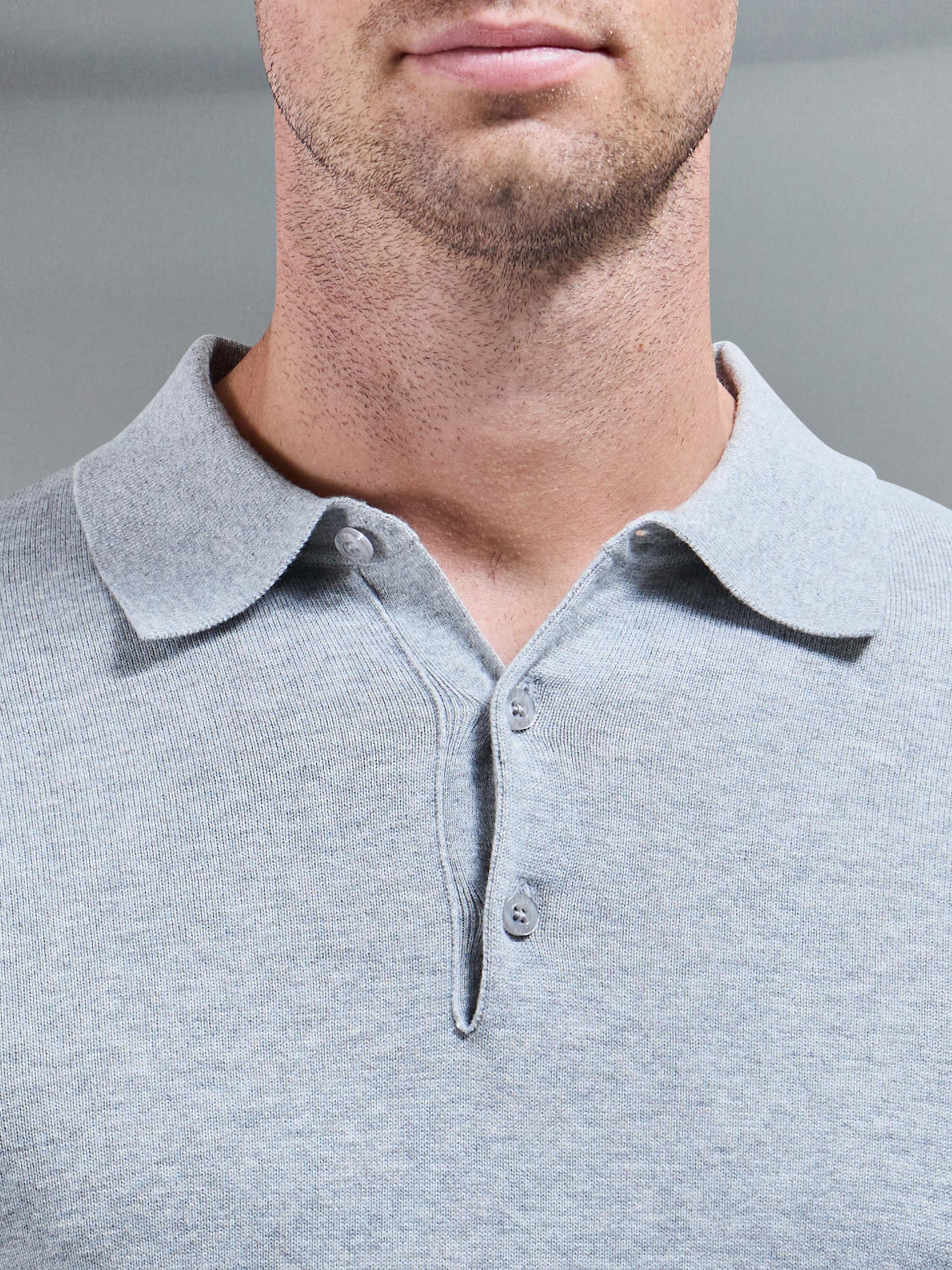 Cotton Knitted Long Sleeve Button Polo Shirt in Marl Grey - Image 4