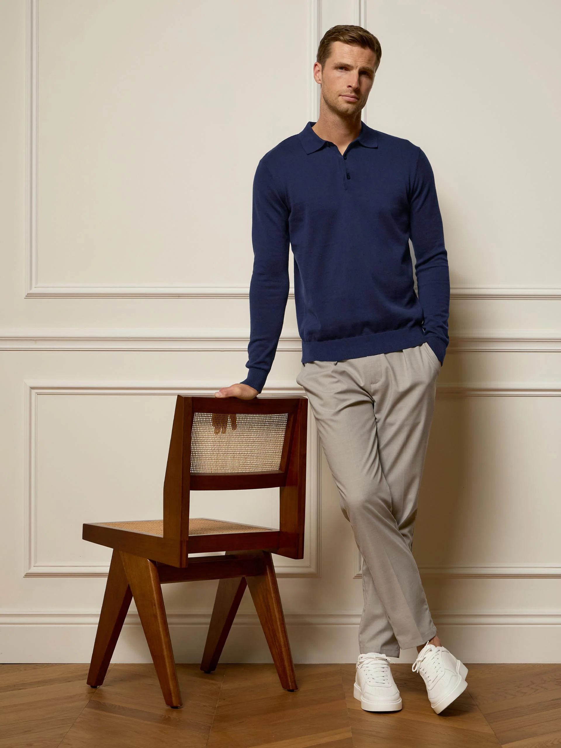 Cotton Knitted Long Sleeve Button Polo Shirt in Navy - Image 2
