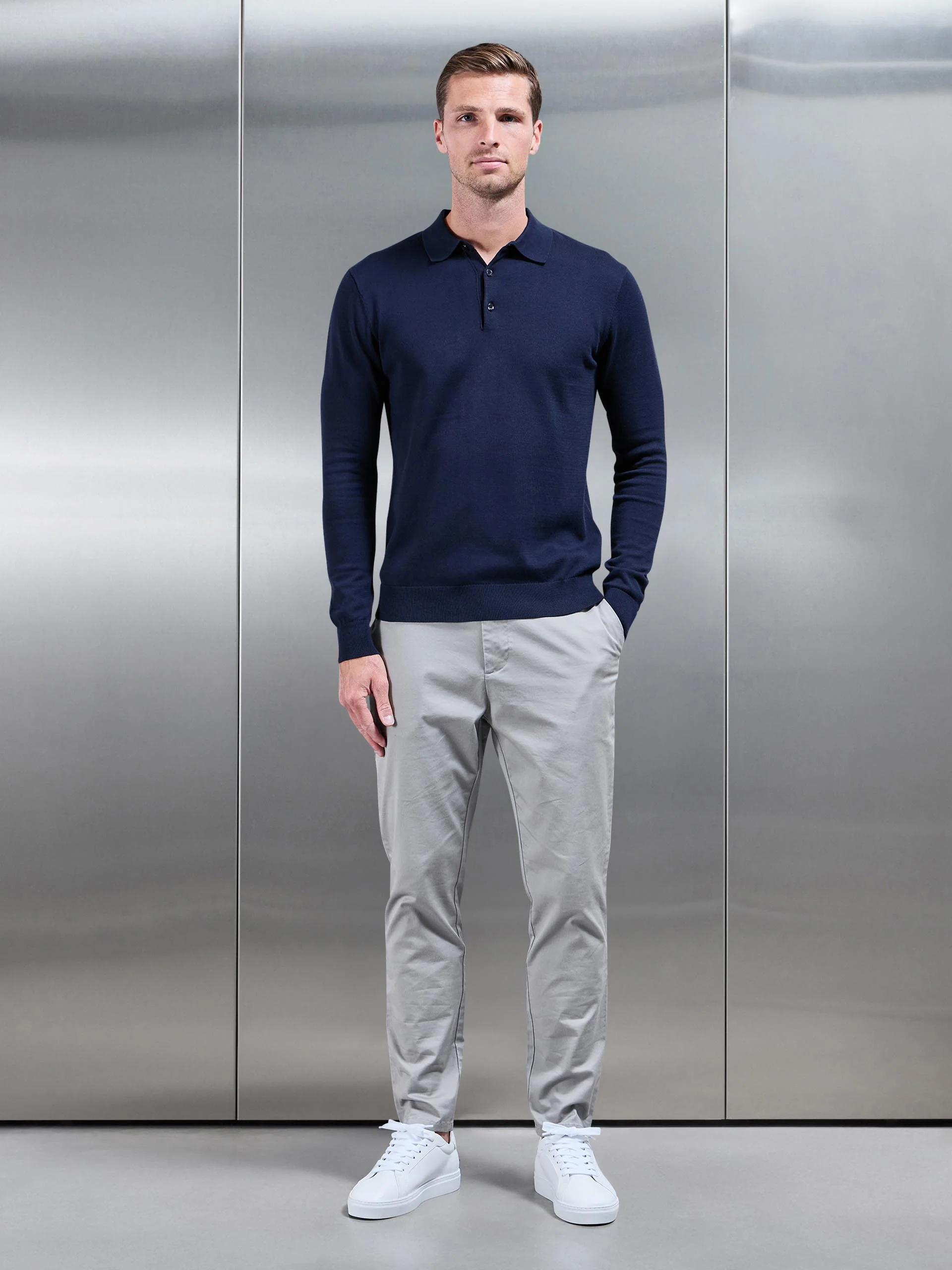 Cotton Knitted Long Sleeve Button Polo Shirt in Navy - Image 3