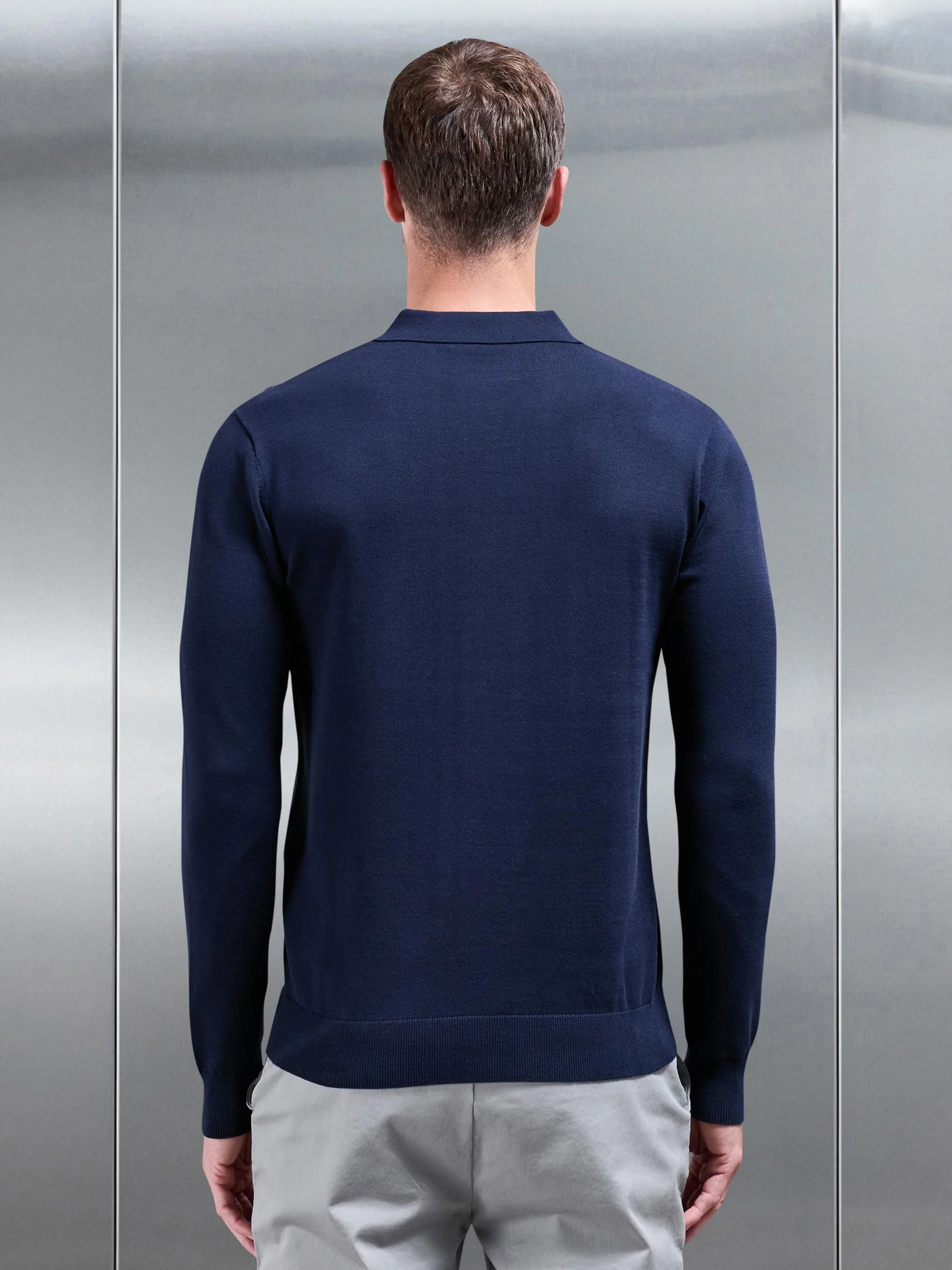 Cotton Knitted Long Sleeve Button Polo Shirt in Navy - Image 4