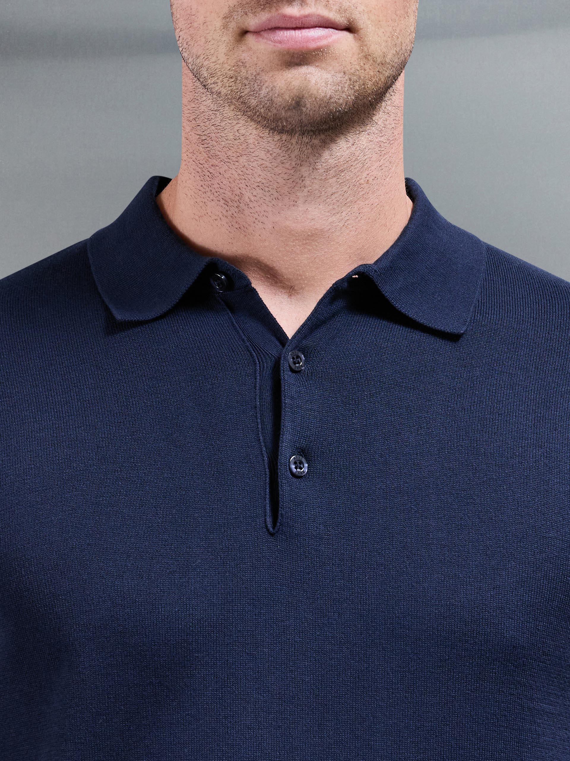 Cotton Knitted Long Sleeve Button Polo Shirt in Navy - Image 5