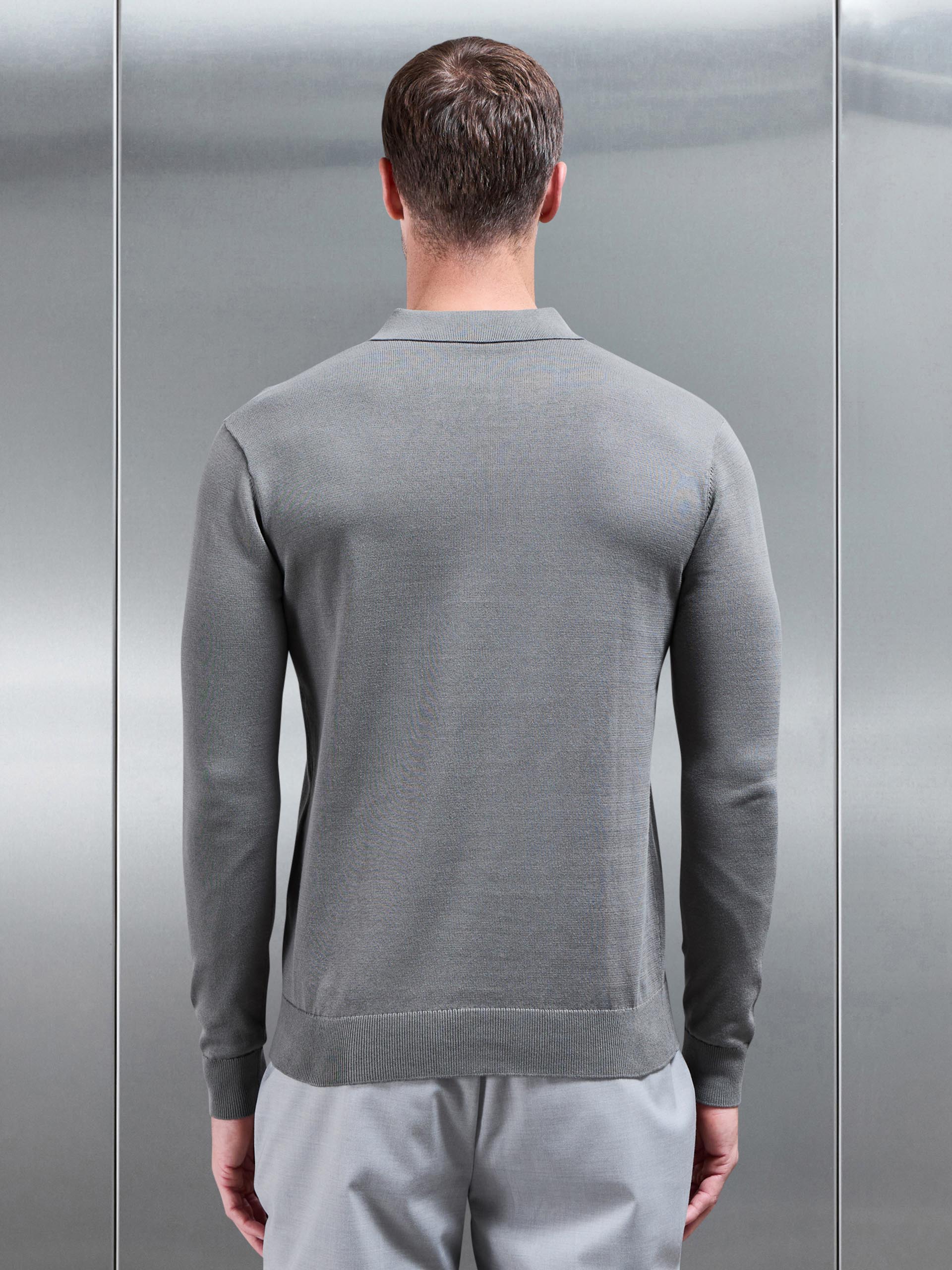 Cotton Knitted Long Sleeve Button Polo Shirt in Sage - Image 3
