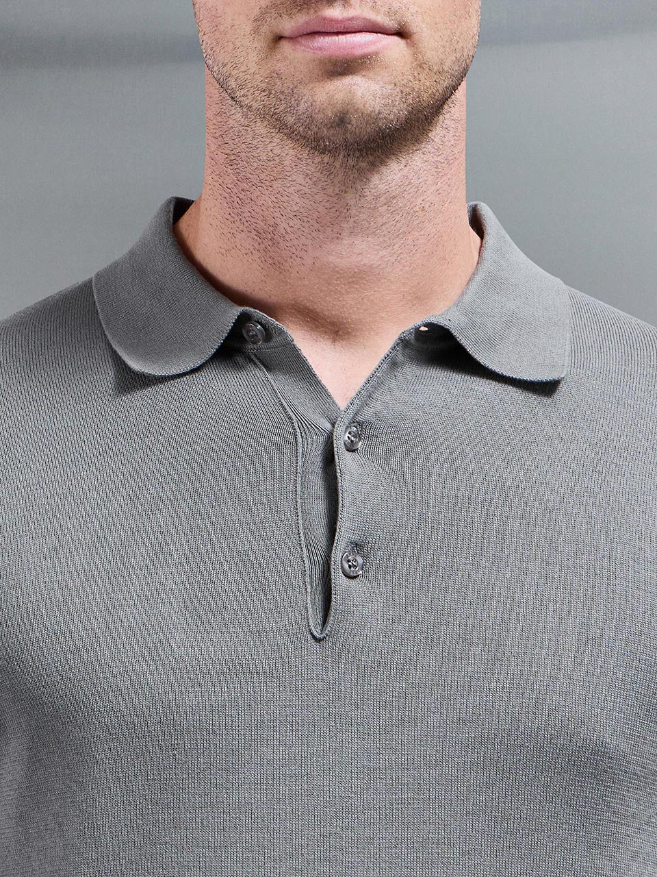 Cotton Knitted Long Sleeve Button Polo Shirt in Sage - Image 4