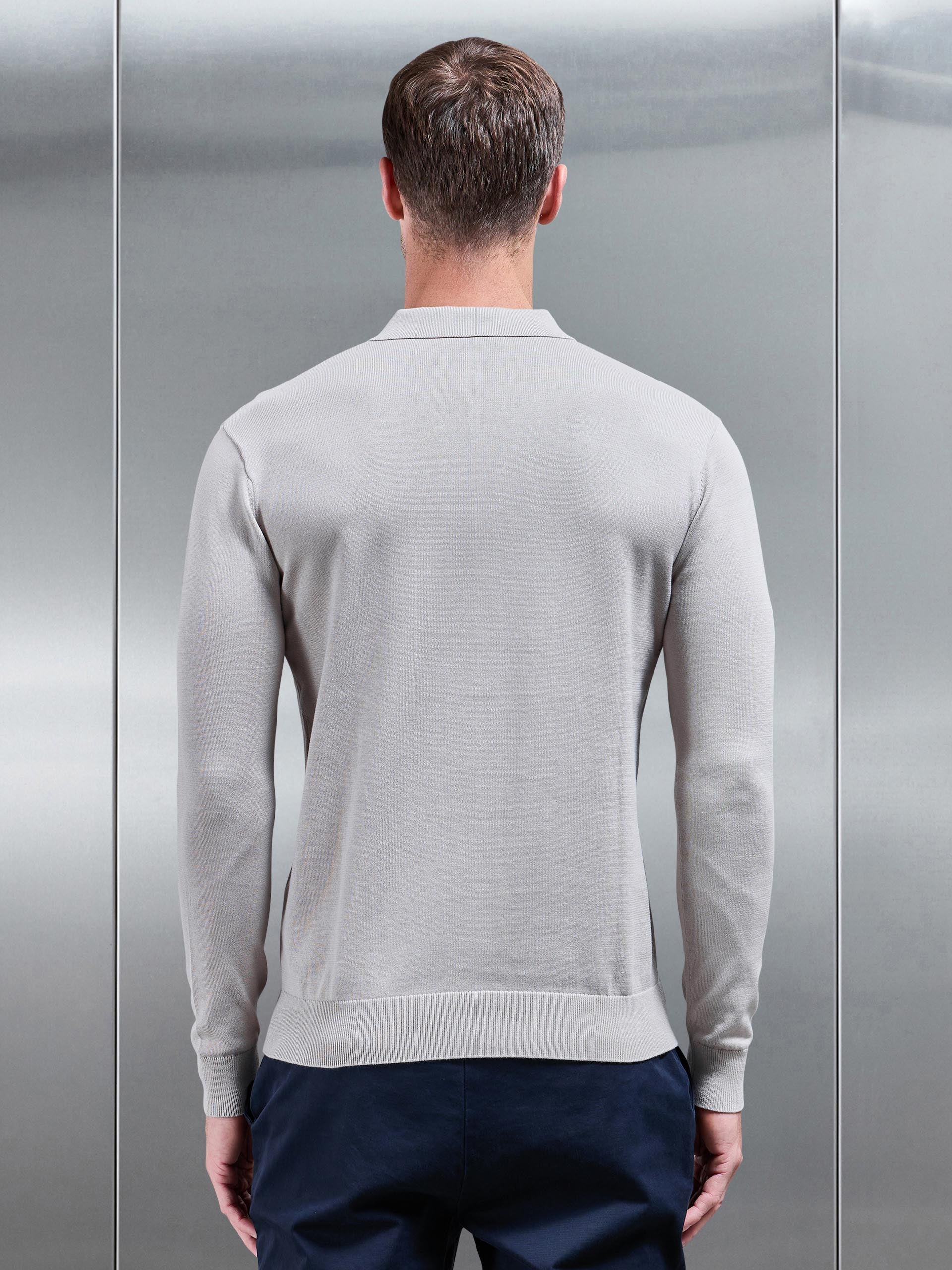 Cotton Knitted Long Sleeve Button Polo Shirt in Stone - Image 3