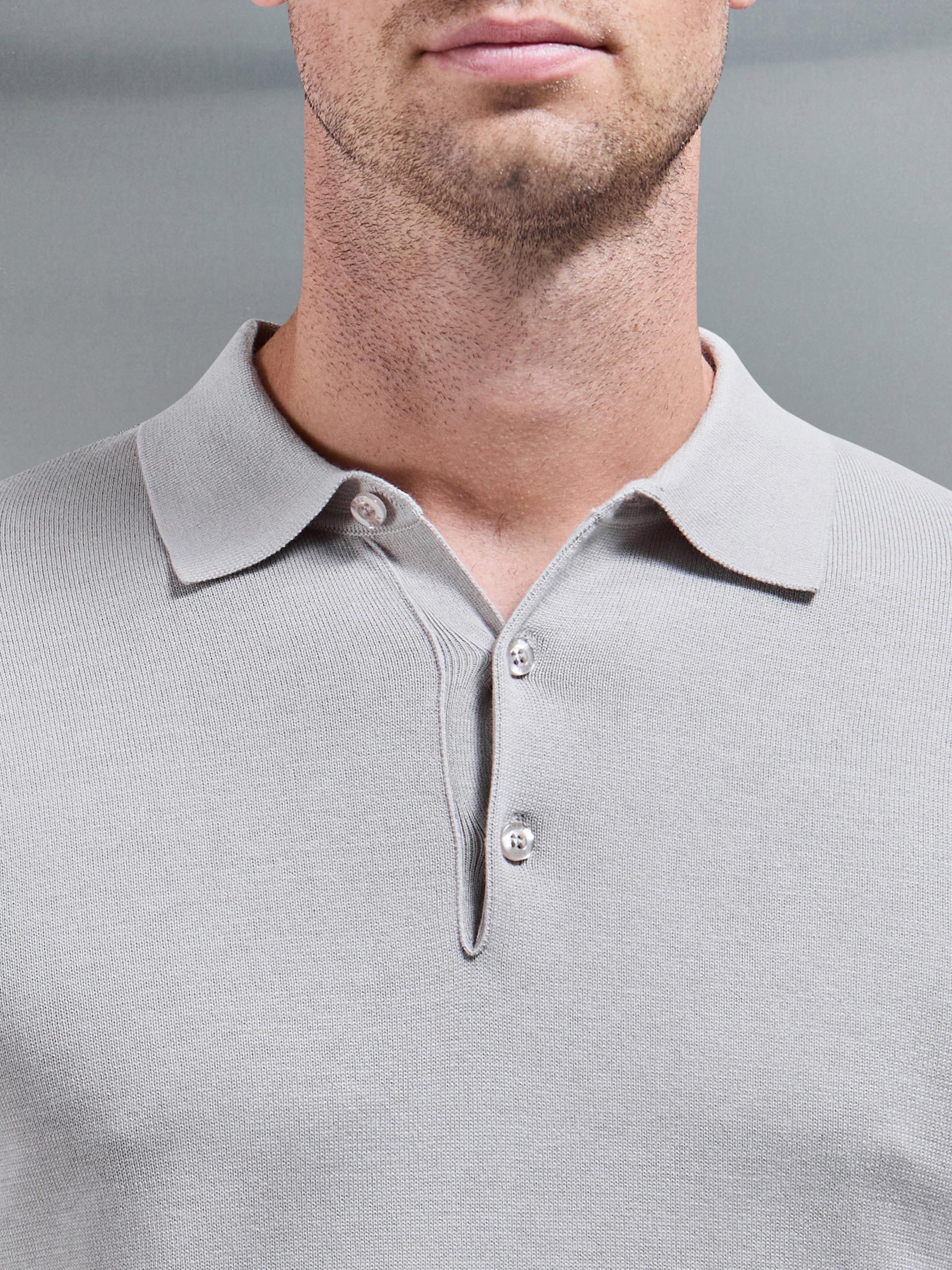 Cotton Knitted Long Sleeve Button Polo Shirt in Stone - Image 4
