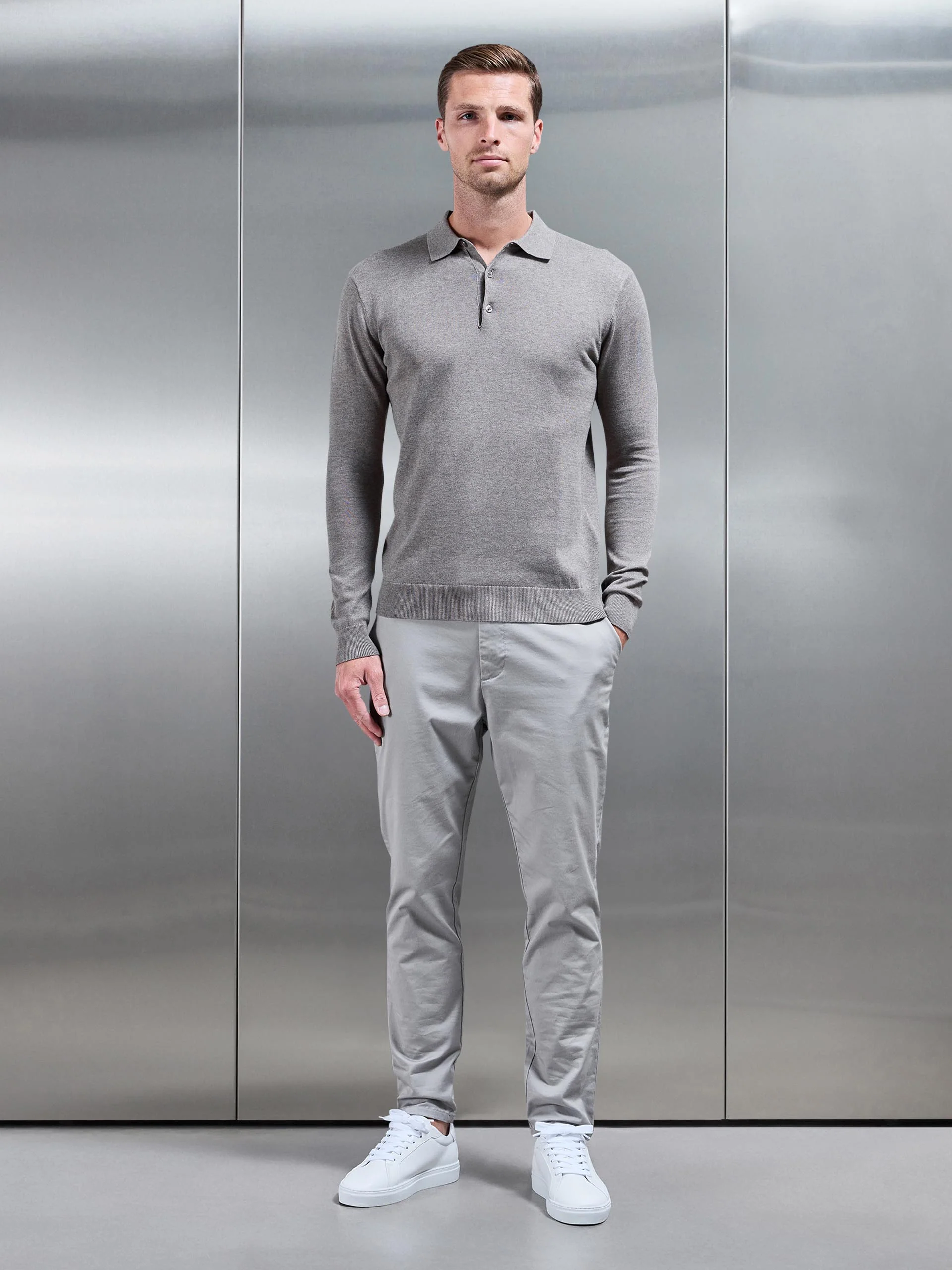 Cotton Knitted Long Sleeve Button Polo Shirt in Taupe Marl - Image 2