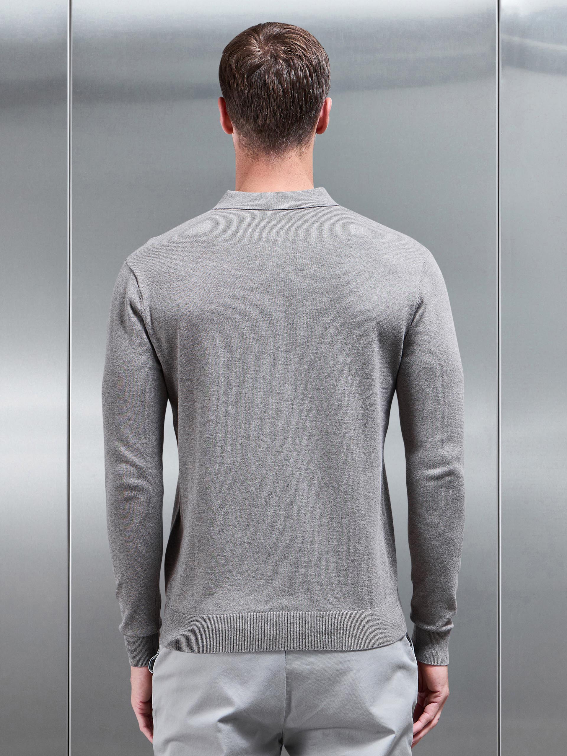 Cotton Knitted Long Sleeve Button Polo Shirt in Taupe Marl - Image 3
