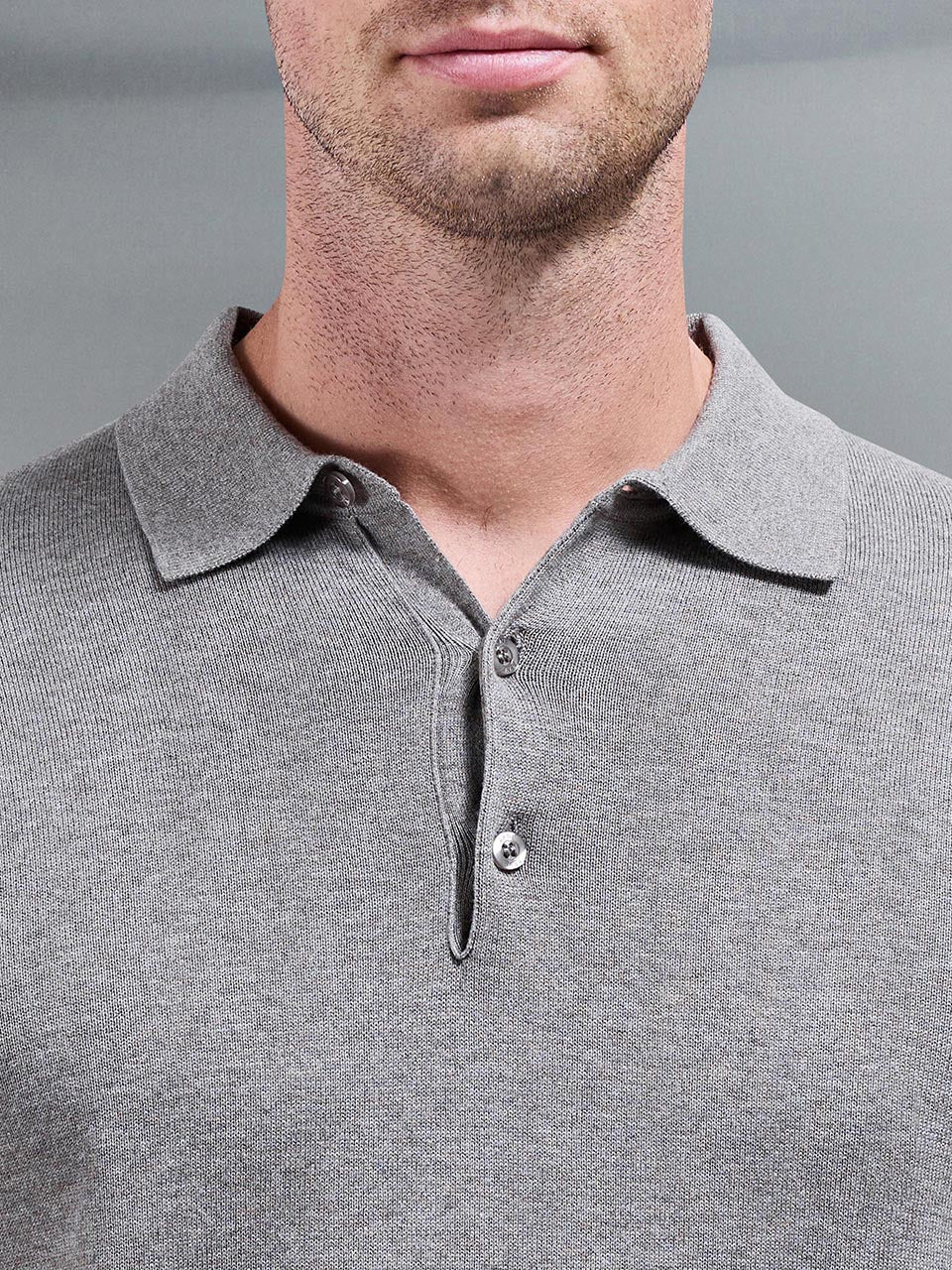 Cotton Knitted Long Sleeve Button Polo Shirt in Taupe Marl - Image 4