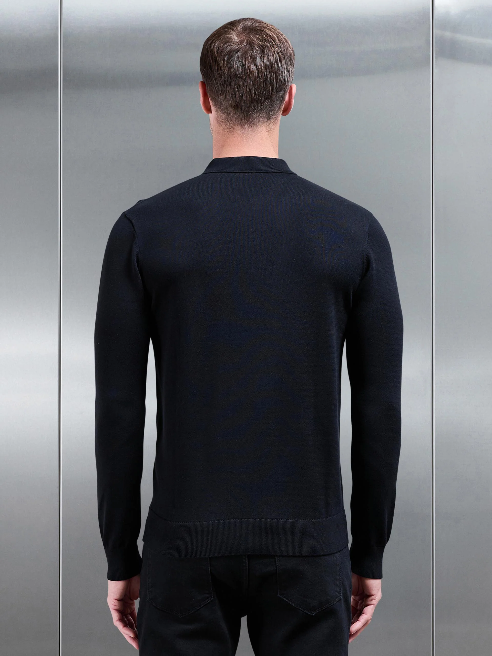 Cotton Knitted Long Sleeve Half Zip Polo Shirt in Black - Image 3